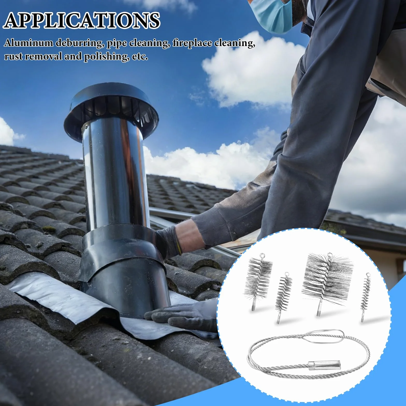 Juego de 5 cepillos de Tubo de Estufa para Tubos de Estufa y Chimenea - Diámetros 30, 50, 80, 150 mm con Varilla Flexible de 1m - Acero para Limpiar Calderas, Conductos de Humos (Plateado)