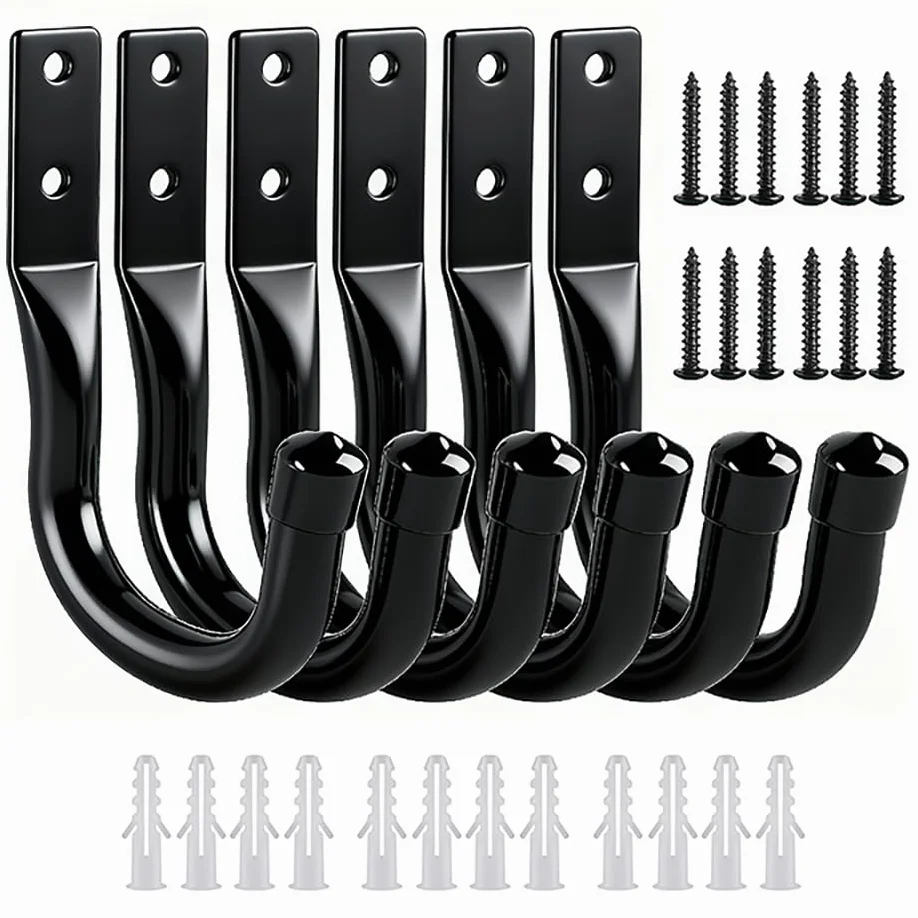 6 Pcs Gancho Pared de Garaje Resistentes, Gancho Bicicleta Ganchos para Colgadores de Pared Negro, Soporte Ganchos en J para Herramientas de Jardín Eléctricas