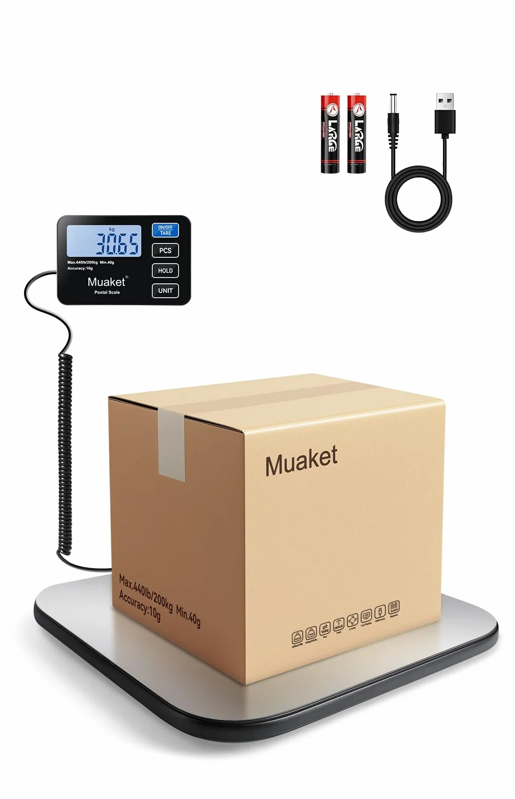 Báscula Industrial 200kg/10g, Báscula Postal Digital con Retención/Tara, Plataforma Acero Inoxidable