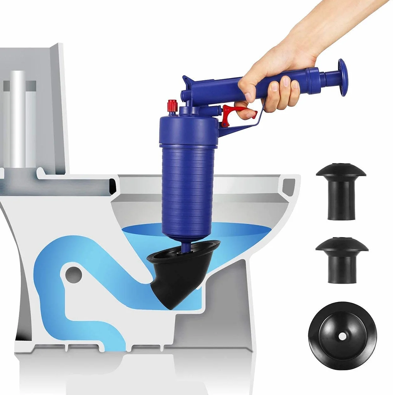 Ducomi Pistola de Limpieza de Drenaje – Herramienta de Desbloqueo de Inodoro para Tuberías Obstruidas - Blaster de Drenaje de Alta Presión de Aire -Bomba de Apertura para Baño, Cocina, Bañera (Azul)