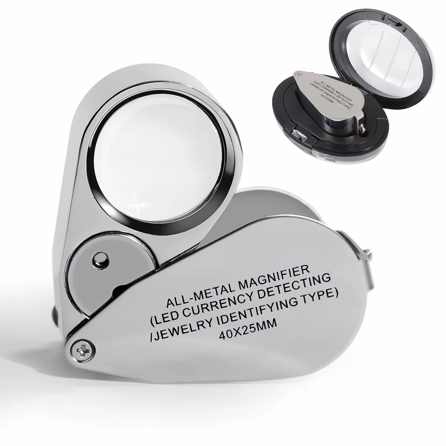 Lupa de joyero 40X,Lupa de joyería Plegable de Acero Inoxidable,con luz LED y Ultravioleta,para Diamantes joyeros Monedas Sellos, reconocimiento de Moneda, identificación de Joyas