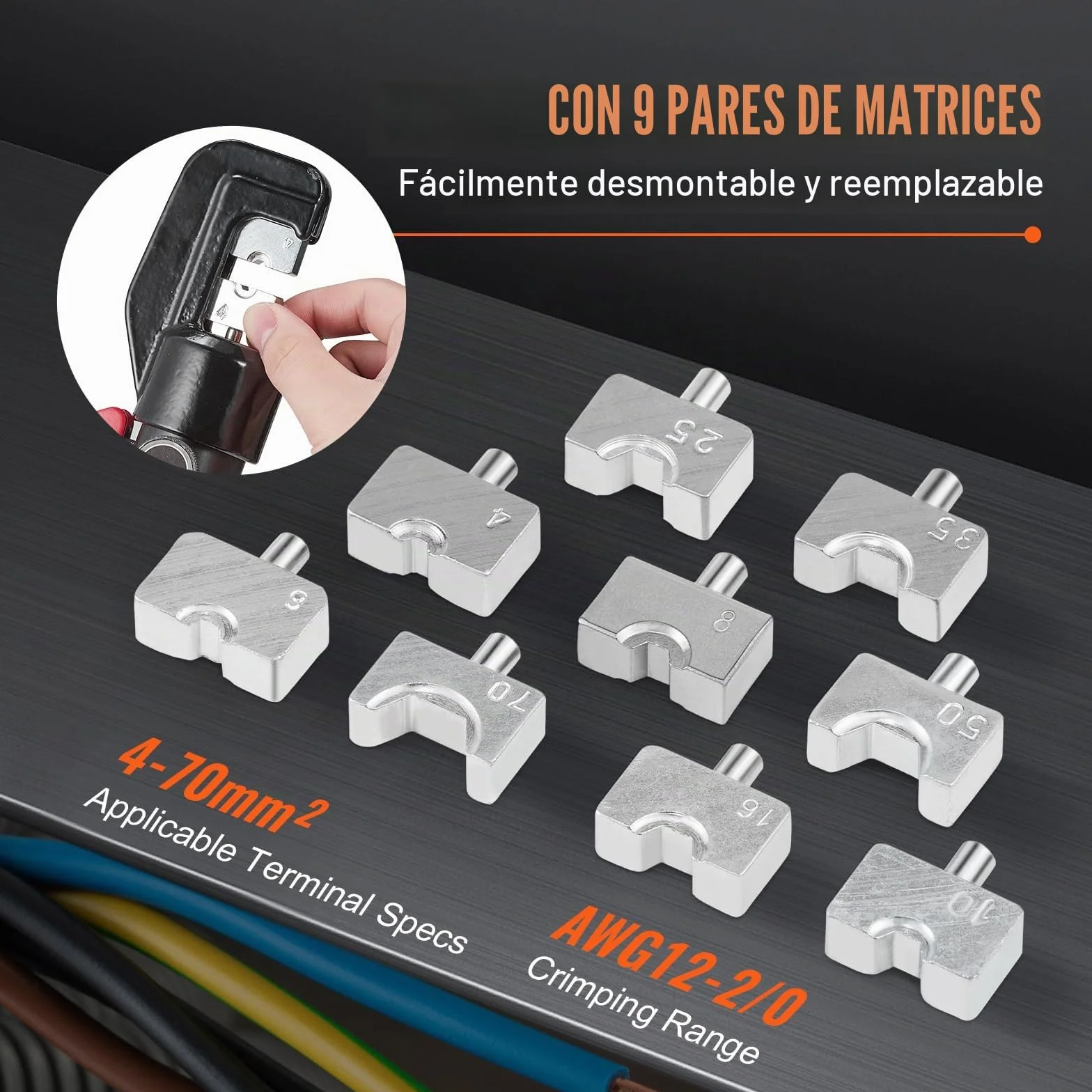VEVOR Alicates de Corte 4-70 mm² Herramienta de Corte Hidráulico Aluminio y Cobre Cable de Batería AWG12-2/0 con Cortador de Cable Par de Guantes 50 Conectores Anillo de Cobre para Electricistas