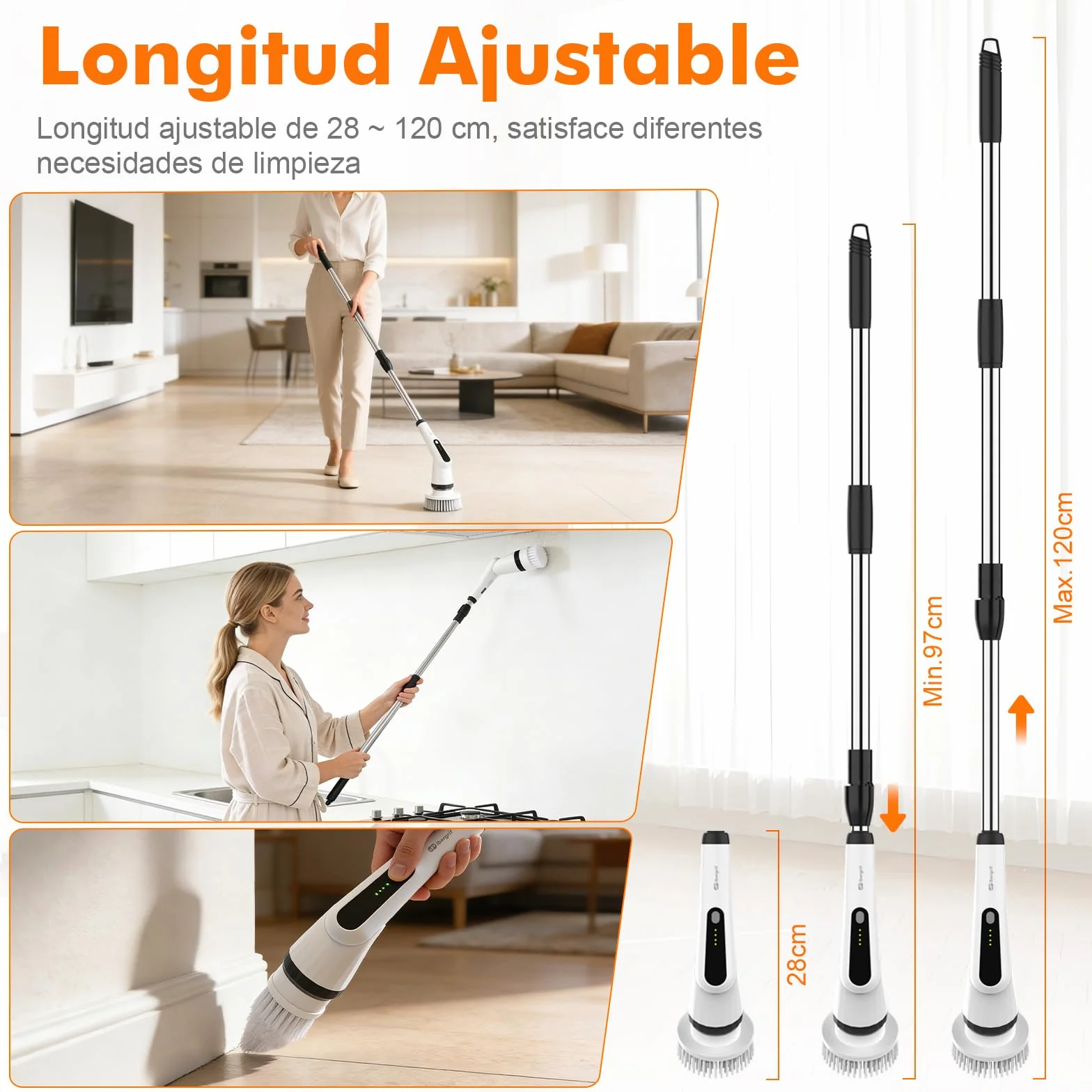 Ibergrif Cepillo de Limpieza Eléctrico Rotatorio para Baño y Cocina, Fregadora Eléctrica Inalámbrica con 6 Cabezales, Mango Telescópico 120 cm, 300/400 RPM, IPX7, USB-C