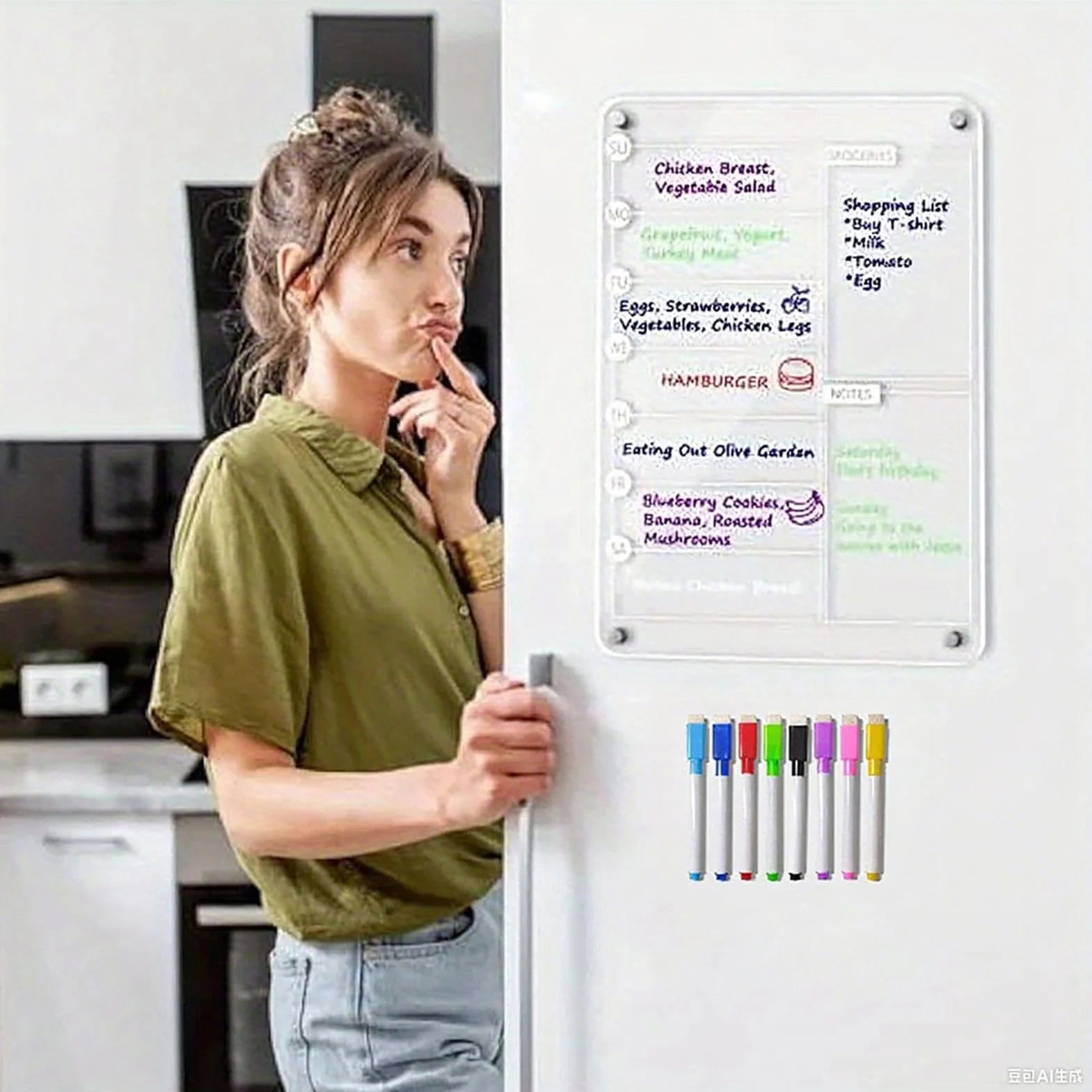 Acrylic Meal Planner, Magnetic Whiteboard Weekly Planner with 8 Markers, Erasable Note Board for Shopping List, Chore Chart