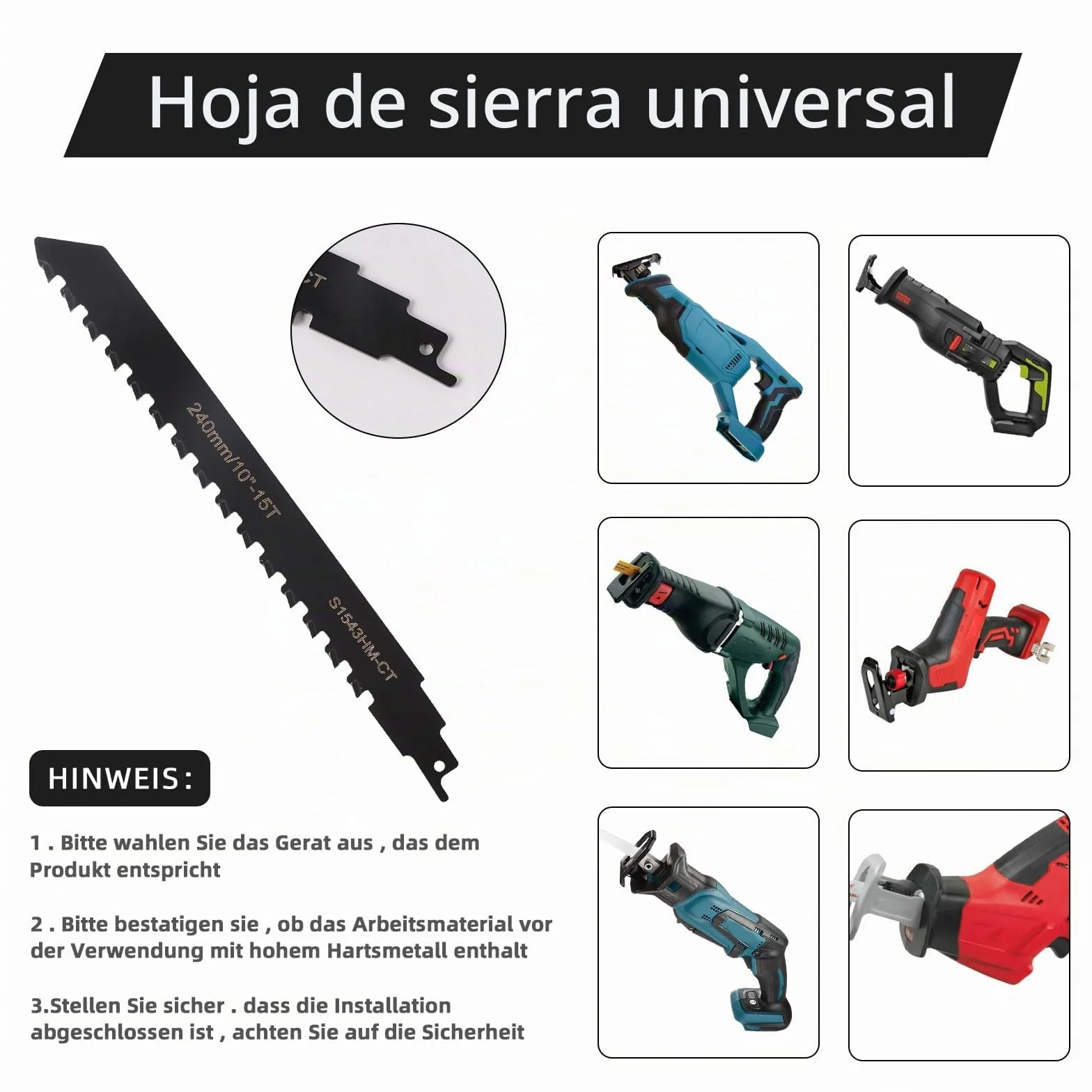 Hojas de Sierra Sable, Profesión Sierra De Sable, Accesorios Sierra sable, Hoja de Sierra Sable Universal para Metal, Madera, Hormigón Poroso,Ladrillo,Placa de Cemento (240 mm)