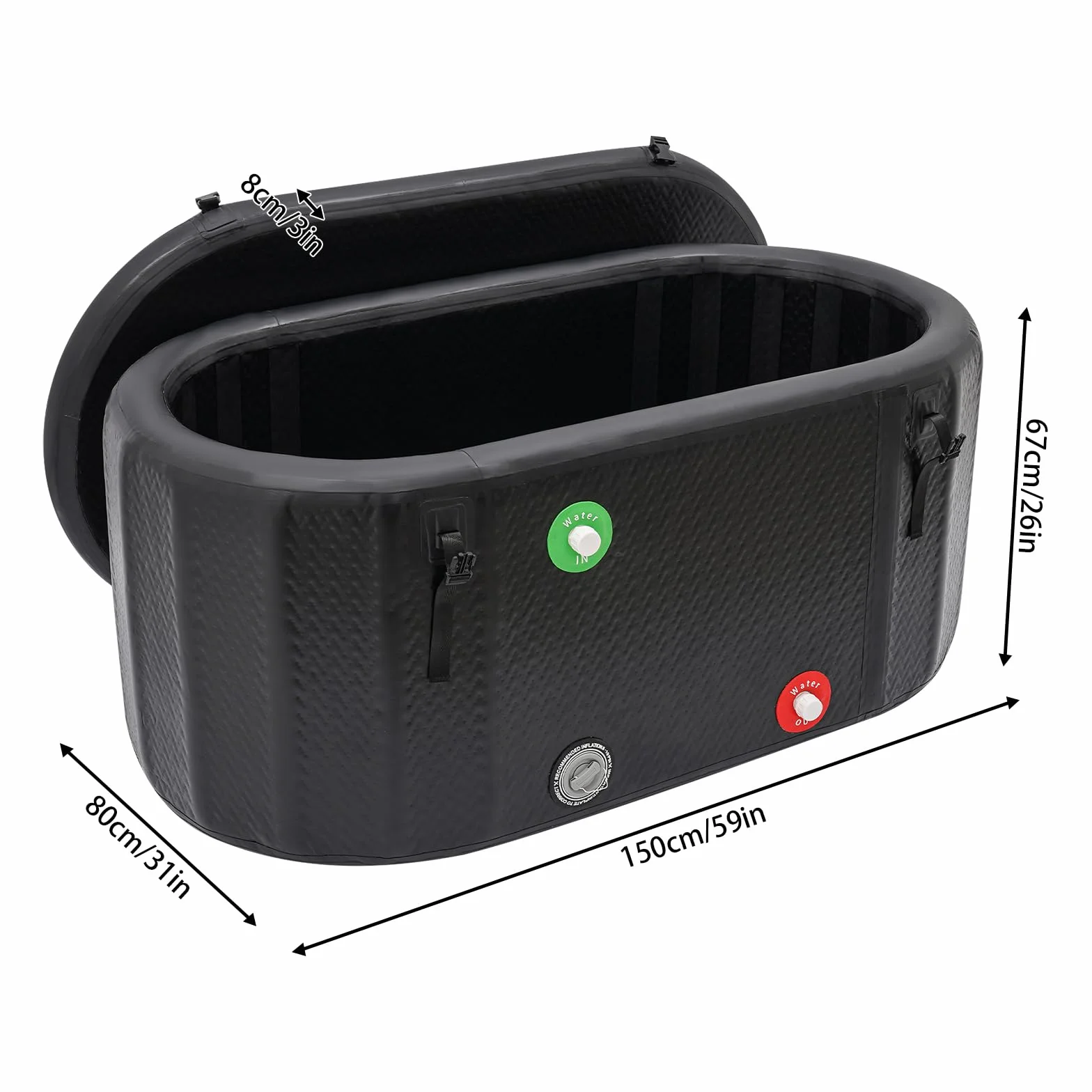 Bañera de hielo inflable de 370 litros, dimensiones 150 x 80 x 67 cm, bañera de hielo ovalada para adultos, adecuada para terapia de frío en atletas y campamentos de verano
