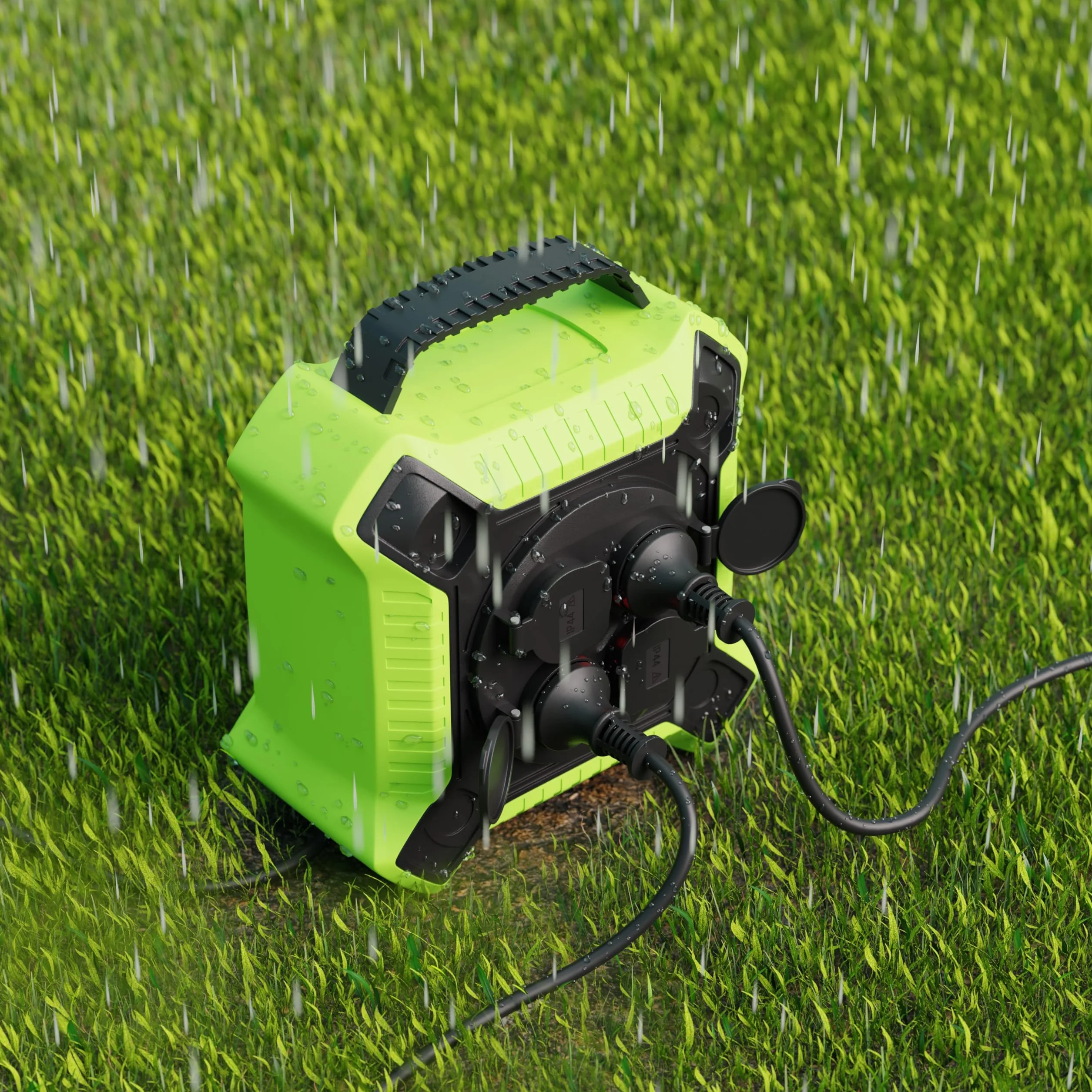 MutecPower Alargadera 10 metros IP44 enrollacables 10m enrollador de cable para exteriores con 4 tomas schuko de corriente protegidas, alargador H05RR-F 3G1,5 Negro/Verde