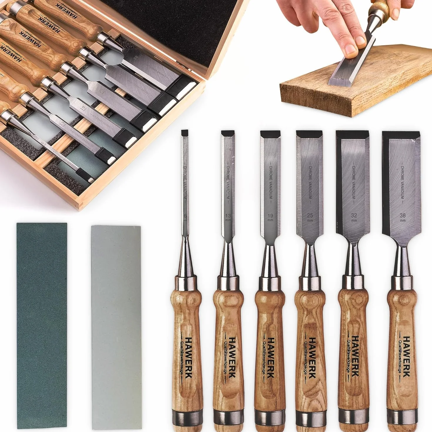 Formones para Madera Profesional - Juego 6x Cinceles para Madera 2x Piedras de Afilar con Maletín - Apto Principiantes y Profesionales del Bricolaje