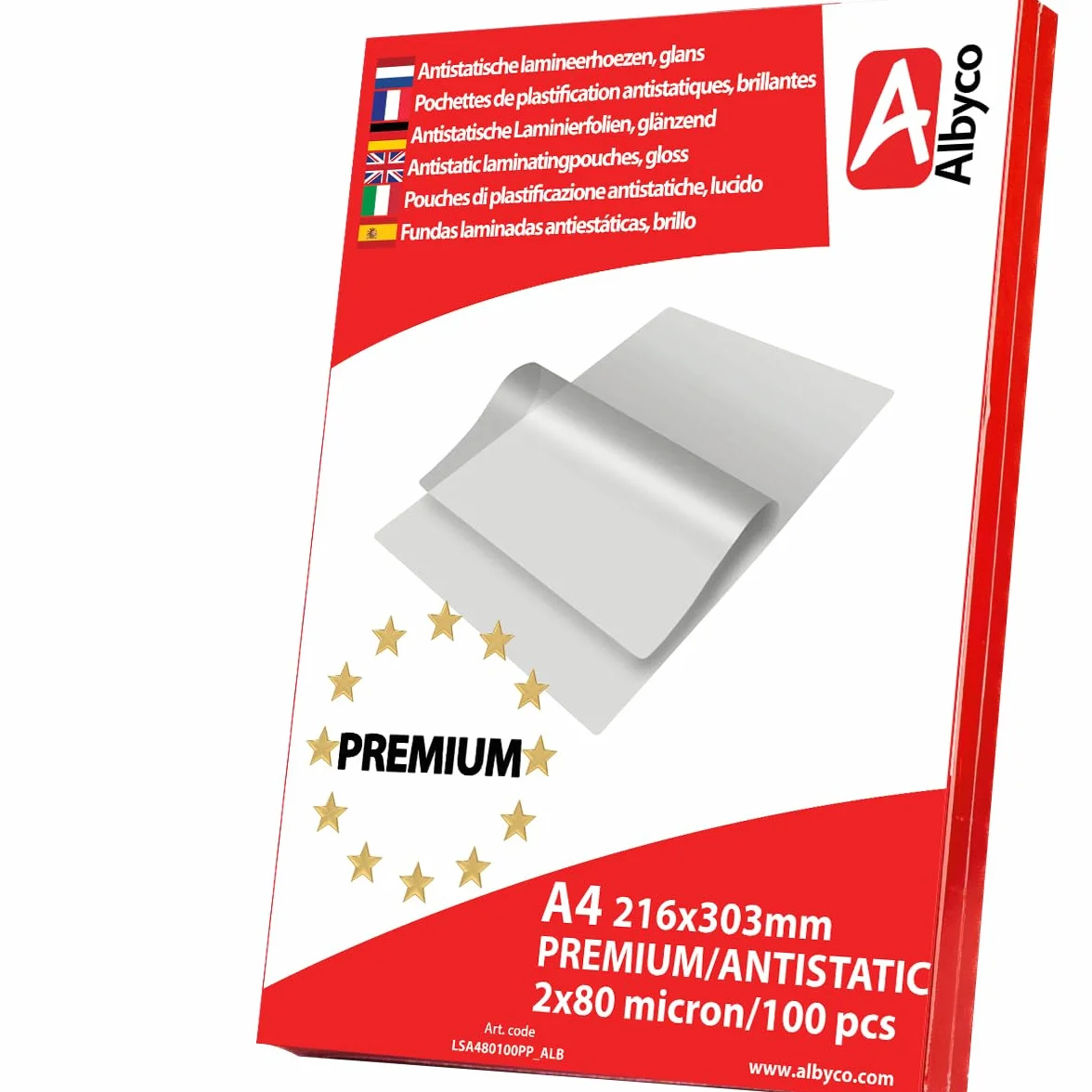 Fundas para Plastificar Antiestáticas Albyco Premium A4 216x303 mm 2x80 micras 100 unidades Brillo
