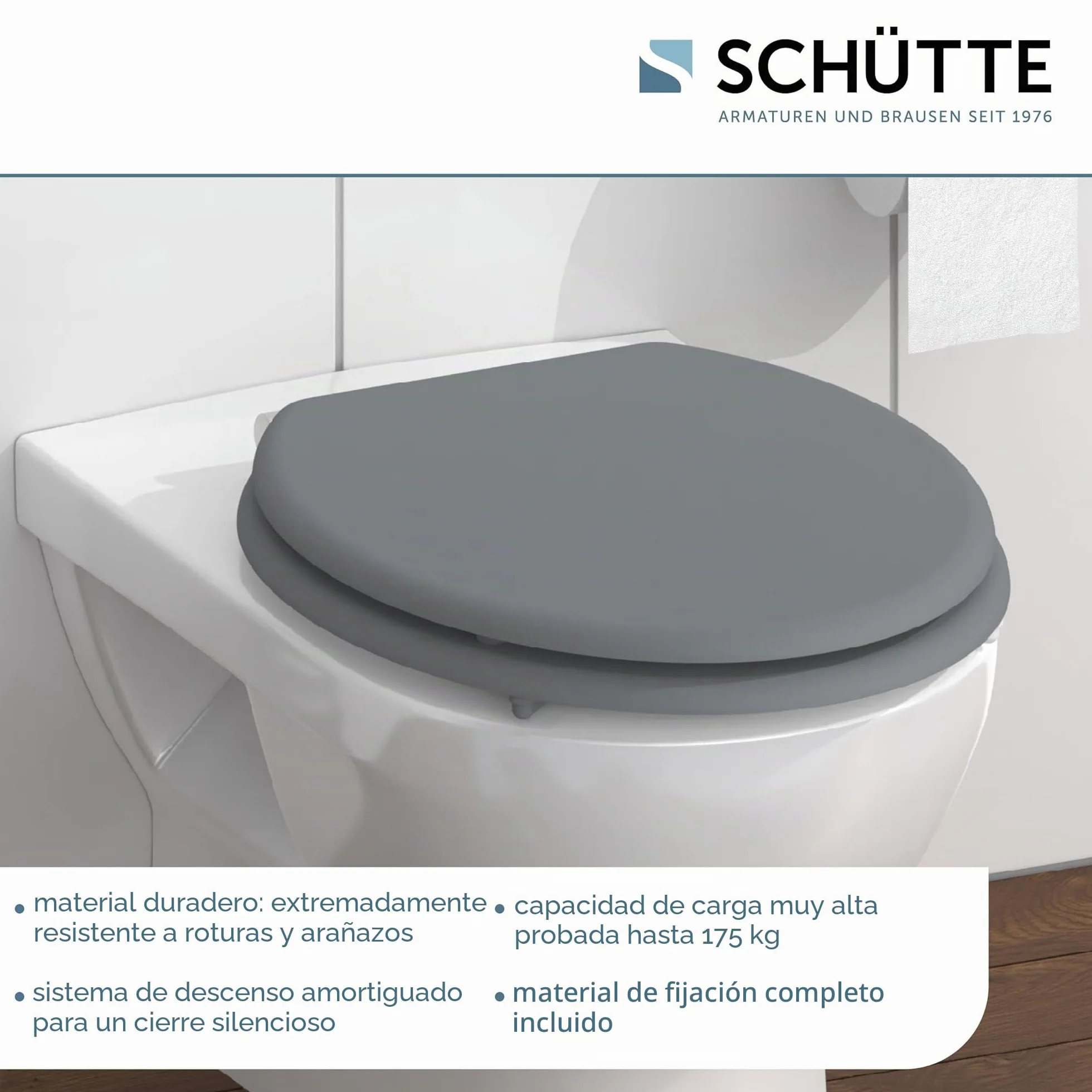 SCHÜTTE Spirit Grey Asiento de inodoro con tapa y descenso automático de núcleo de madera (carga máxima de 150 kg), gris