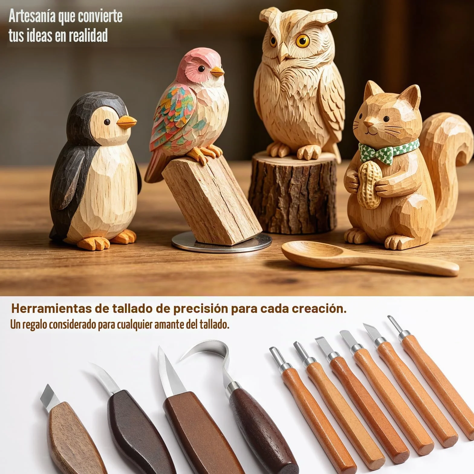 Juego 28 Piezas Talla Madera - 10 Cuchillos + 10 Bloques | 10 cuchillos acero Mo.V (4 desbaste+6 detalle), 10 bloques, guantes, lija, pasta, manual. Mangos nogal antideslizantes.