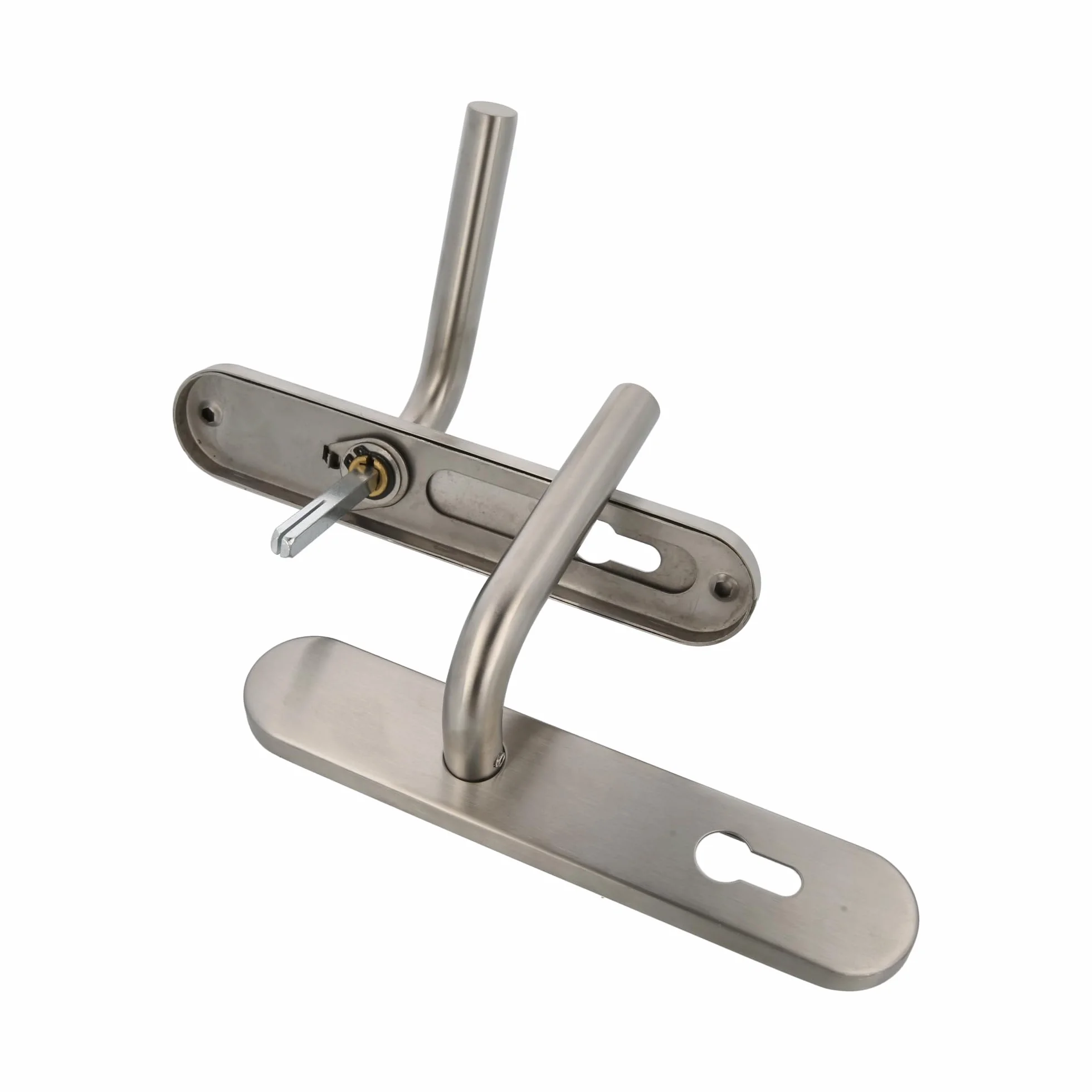 Amig - Juego de Manillas con Placa para puerta - Maneta con Bocallave - Mod. 4PXB - Acero inoxidable 18/8-230 x 45 mm - Cuadradillo de 8 mm - Plateado mate