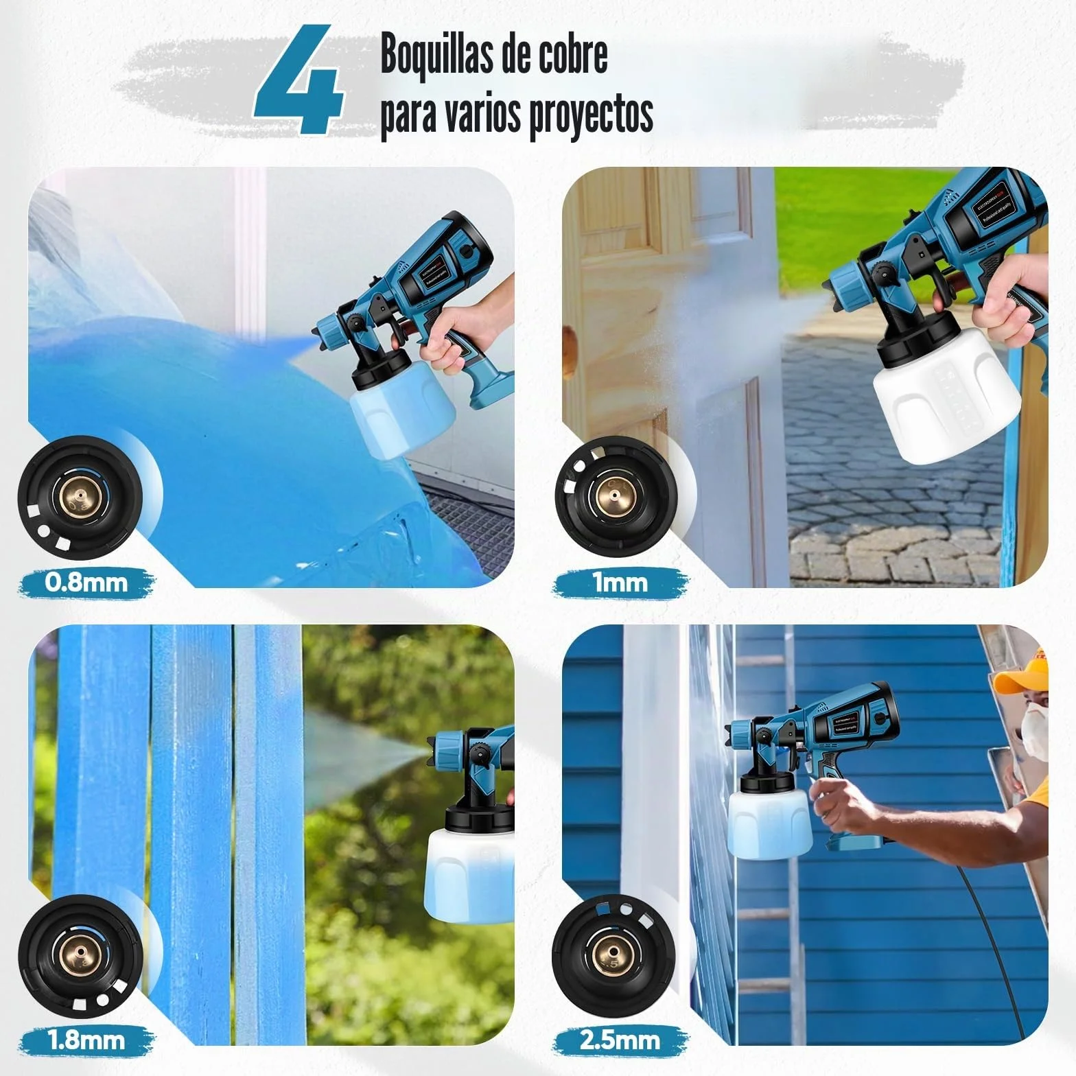Pistola de Pintura,800W HVLP Pulverizador de Pintura Eléctrico con Recipiente de 1400ml, Flujo Máximo de 1000ml/min,5 Boquillas para la Pulverización y Limpieza del Bricolaje(Azul)