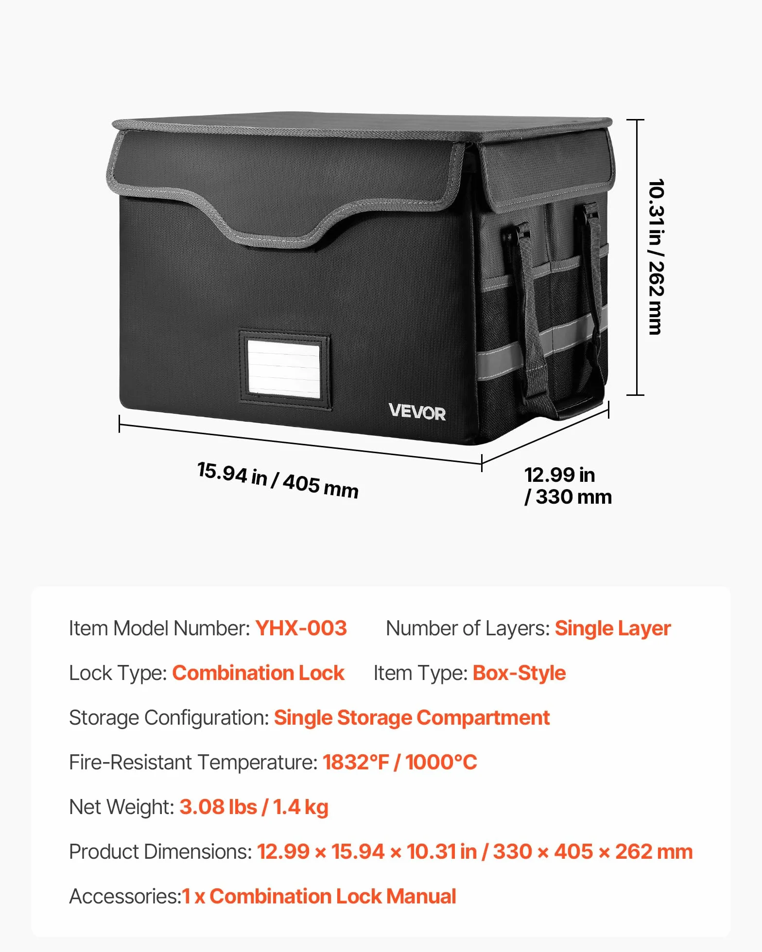VEVOR Maletín Ignífugo para Documentos, Impermeable, con Aislamiento Térmico 1000 °C y Cerradura, Una Sola Capa, para Pasaportes, Documentos Importantes y Archivos, Negro, 330 x 405 x 262 mm