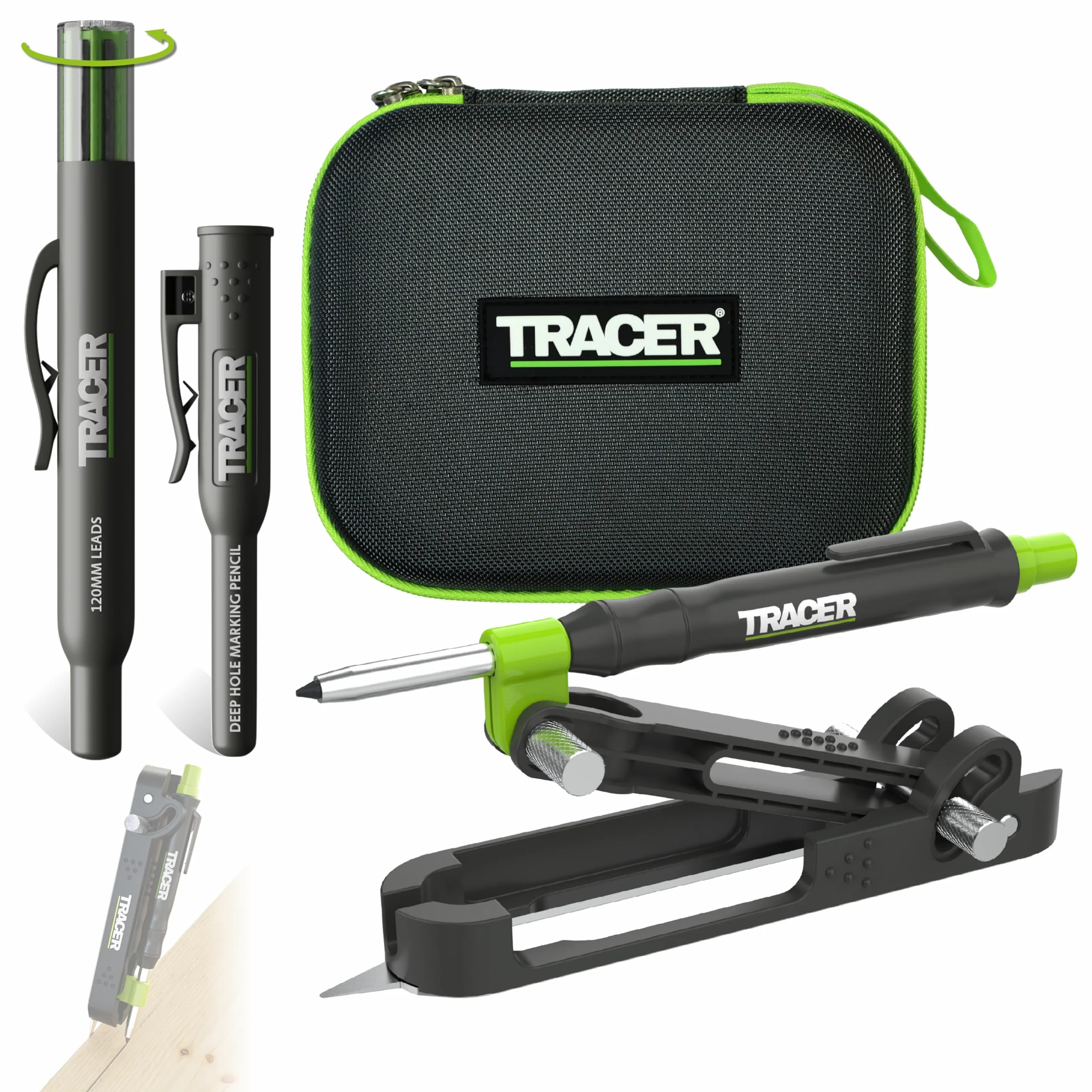 Tracer ProScribe APST2 | Herramienta de Trazado Multifunción con Gramil, Lápiz de Agujero Profundo y Estuche | +15 Aplicaciones | Carpinteros, Albañiles | Madera, Metal, Plástico