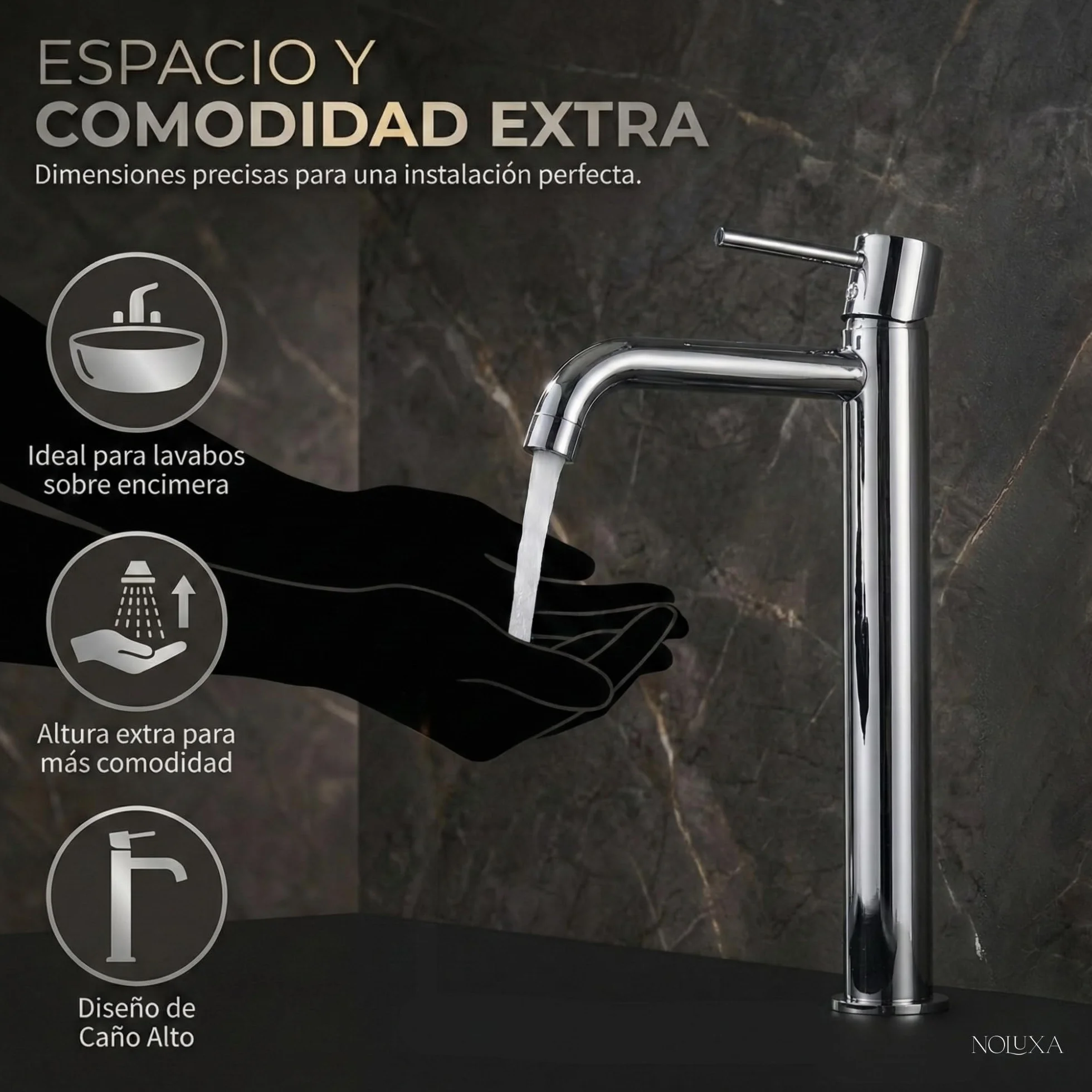 IMEX - Grifo Lavabo Cromado Caño Alto | Grifo Baño Mezclador Agua Fría y Caliente | Grifería Monomando Efecto Cascada con Caño de Latón y Ahorro de Agua | Serie Monza | Color Cromado