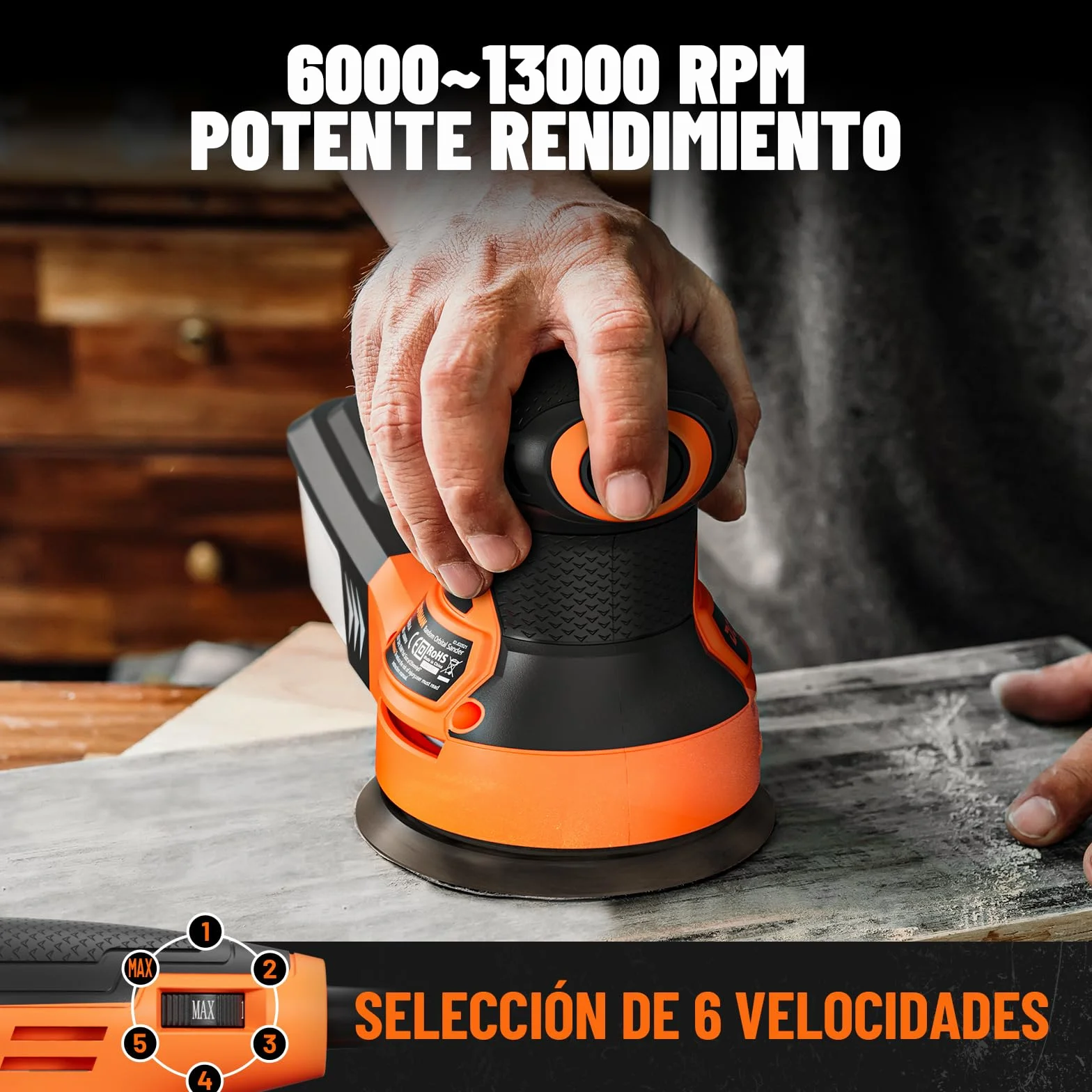 DOVAMAN ROS01A 350W Lijadora Orbital, 6 Velocidades, 13000 RPM, 12 Hojas de Papel de Lija, Disco de 125 mm, Recogida de Polvo, Lijadora Eléctrica Ideal para Superficies de Madera y Acero