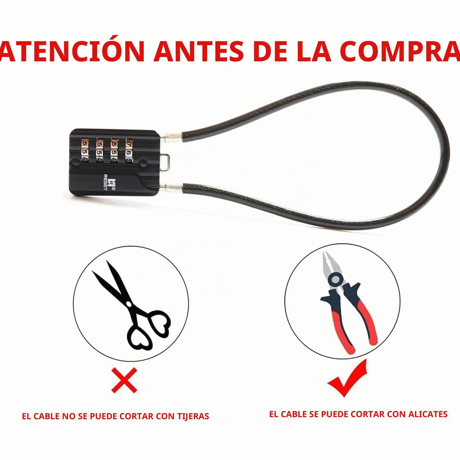 RESET-204 candado de cable flexible de 30 cm con combinación de 4 dígitos, candado largo para cubo de basura, taquilla, equipaje, maleta, casco y armero, diámetro 5 mm, negro, 2 unidad
