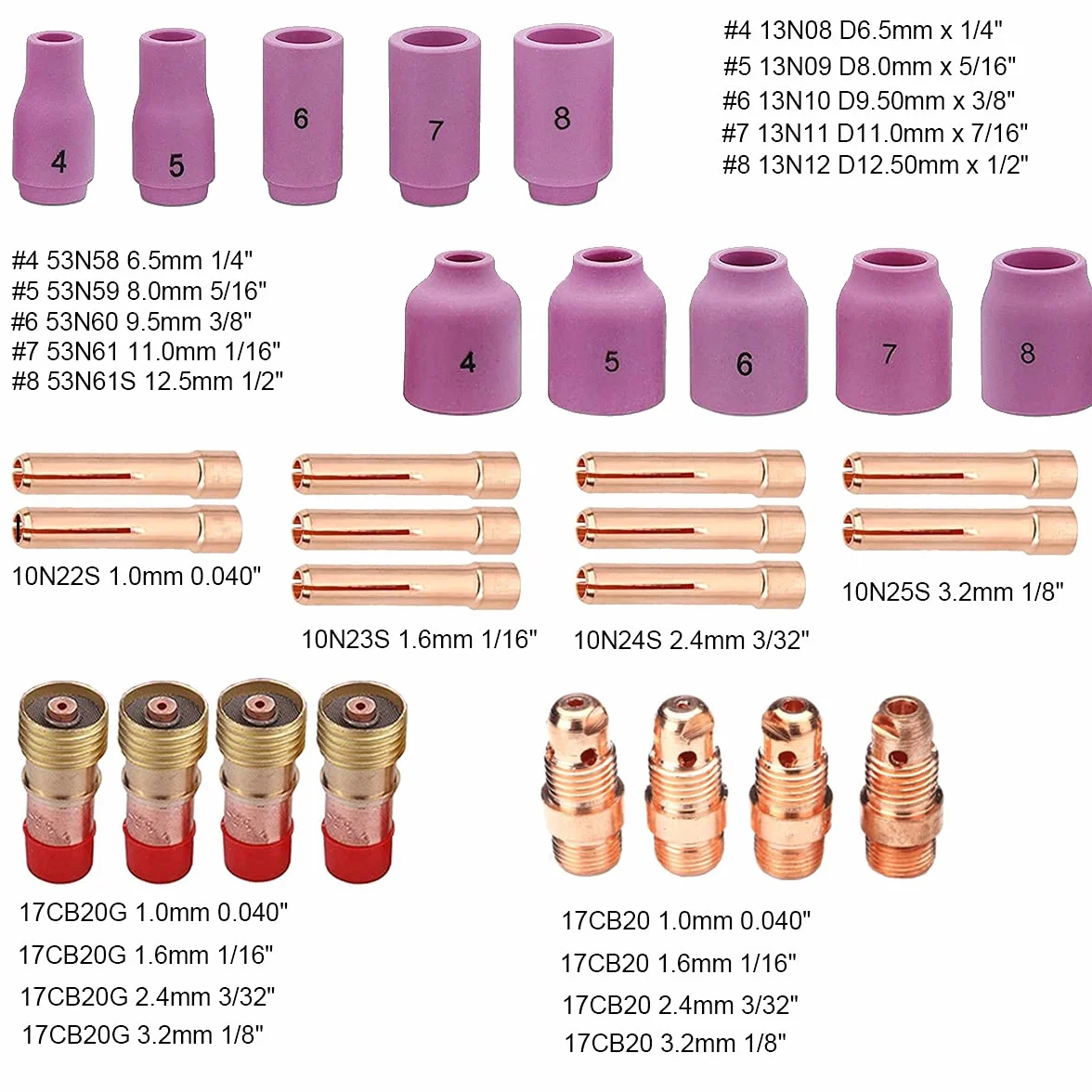 61 uds antorcha de Soldadura para TIG Lente de Gas rechoncho # 12 Kit de Copa de Vidrio para WP-17/18/26
