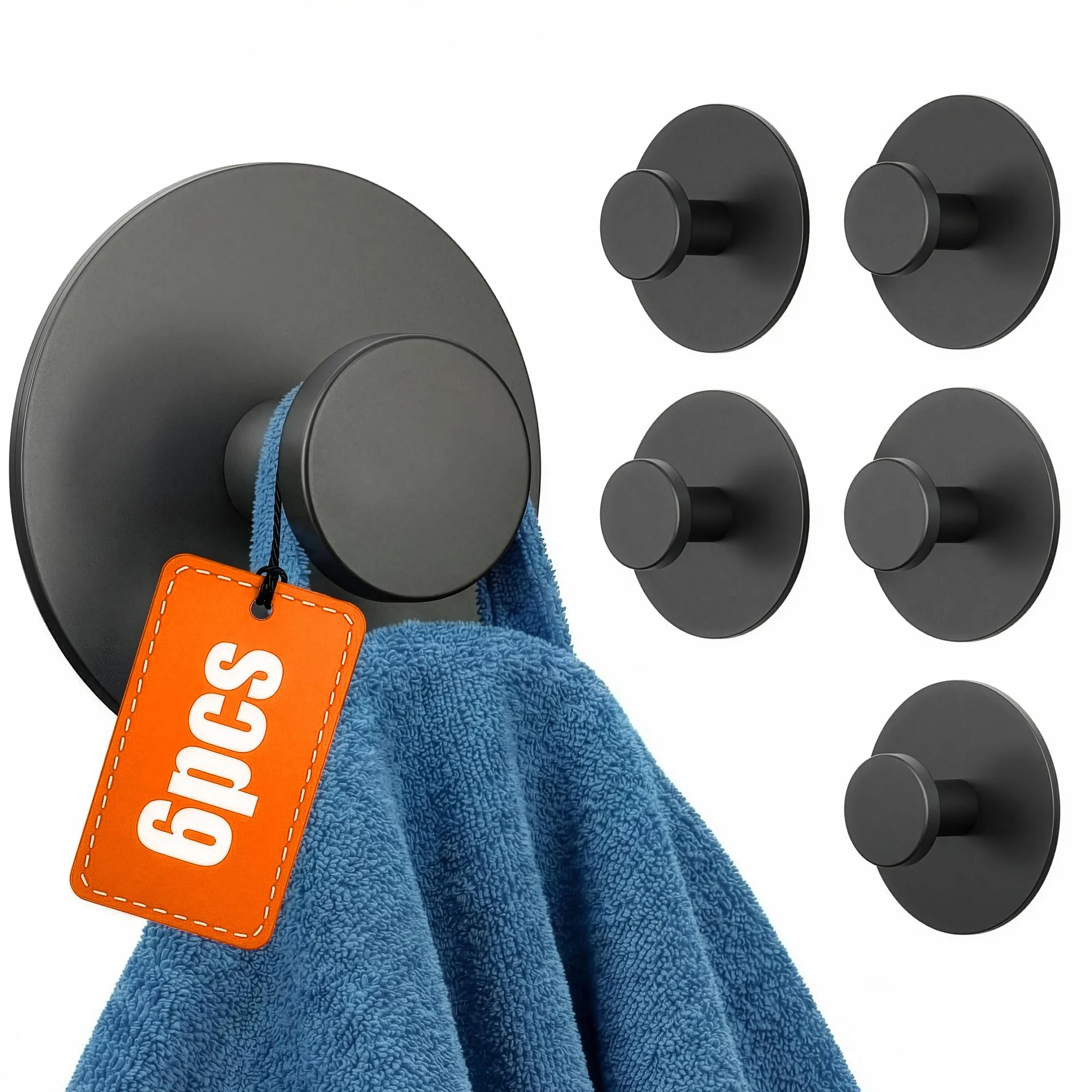 Minismus Ganchos Adhesivos para Pared, Colgadores Adhesivos Resistentes sin Taladro, Colgador Toalla Baño Cocina y Entrada, Ganchos para Colgar con Pomo Redondo, Acero Inoxidable Negro, 6 Unidades