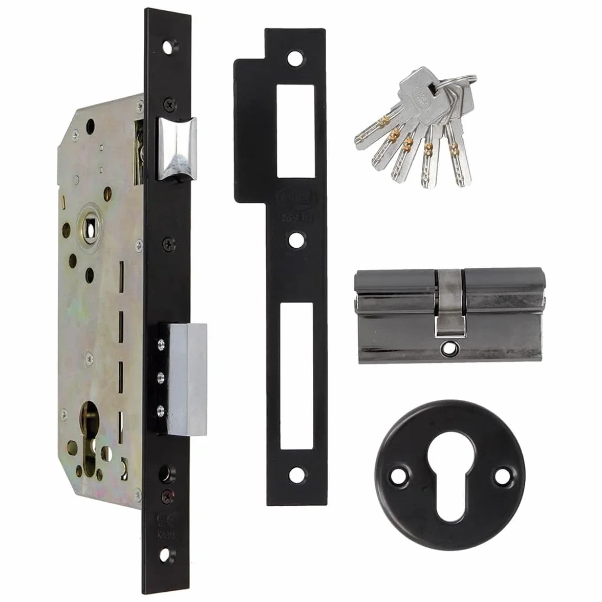 Amig - Cerradura de Embutir con Cilindro de Seguridad y Bocallave + 5 Llaves - Para Puertas de Madera de Entrada - De Acero Acabado en Negro - Picaporte Reversible - Para Manilla de 8 mm