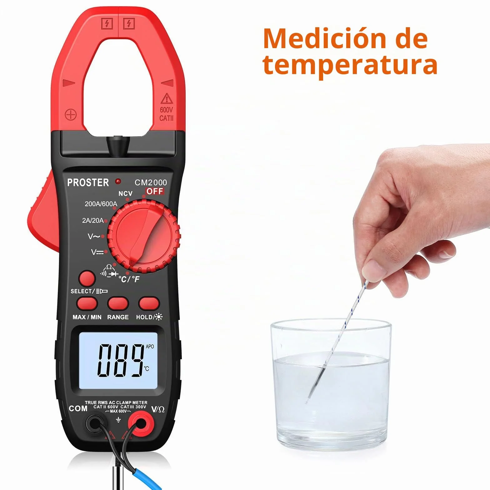 Proster Pinza Amperimétrica 2000 Cuentas 600A TRMS NCV Multímetro Digital Rango Automático con Pantalla Retroiluminada para Voltaje AC DC Corriente AC Diodo Resistencia Continuidad Temperatura