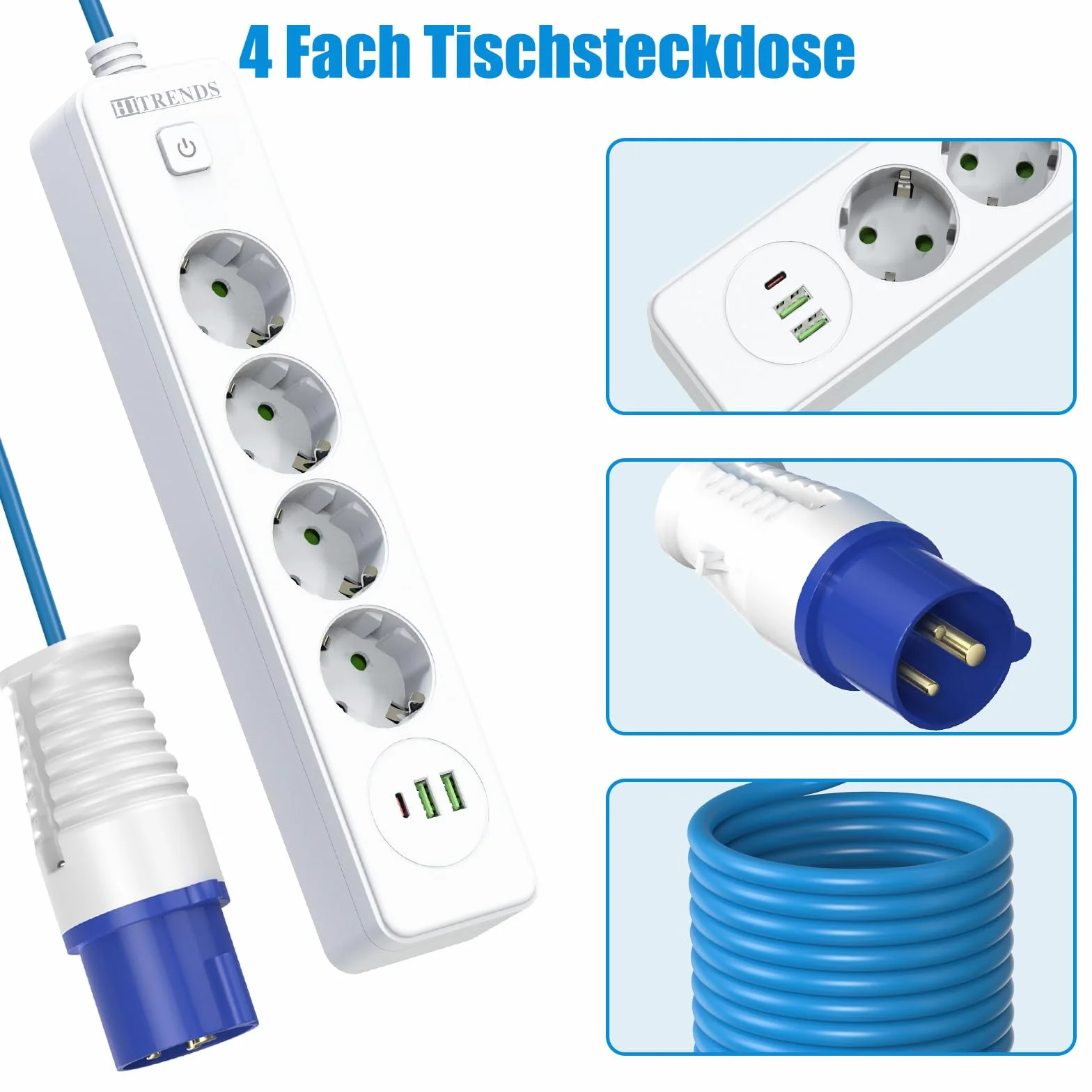 Cable adaptador CEE, cable de 1,5 m, conector CEE y conector de protección de contacto