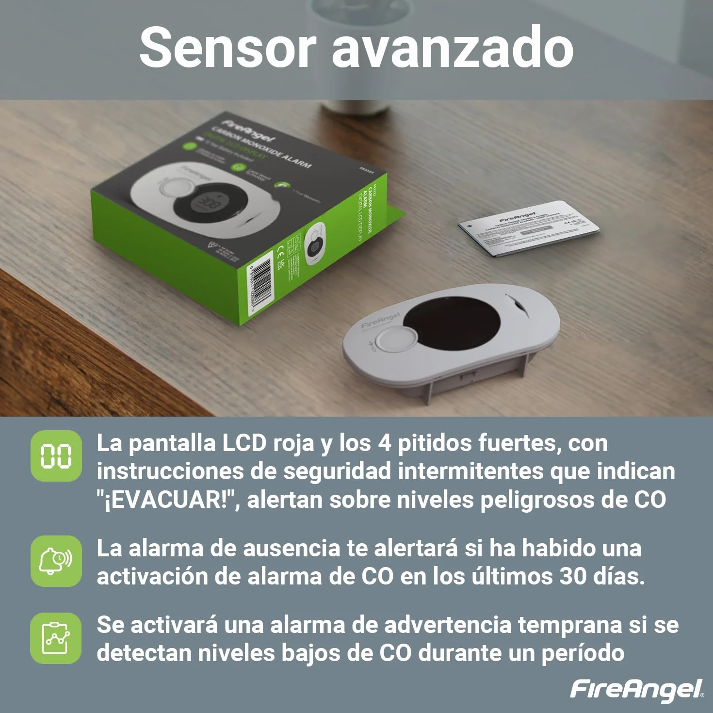 FireAngel Detector de Monóxido de Carbono Digital con Batería Sellada de 10 Años de Duración FA3322 - Alarma de CO, Humedad y Temperatura Portátil