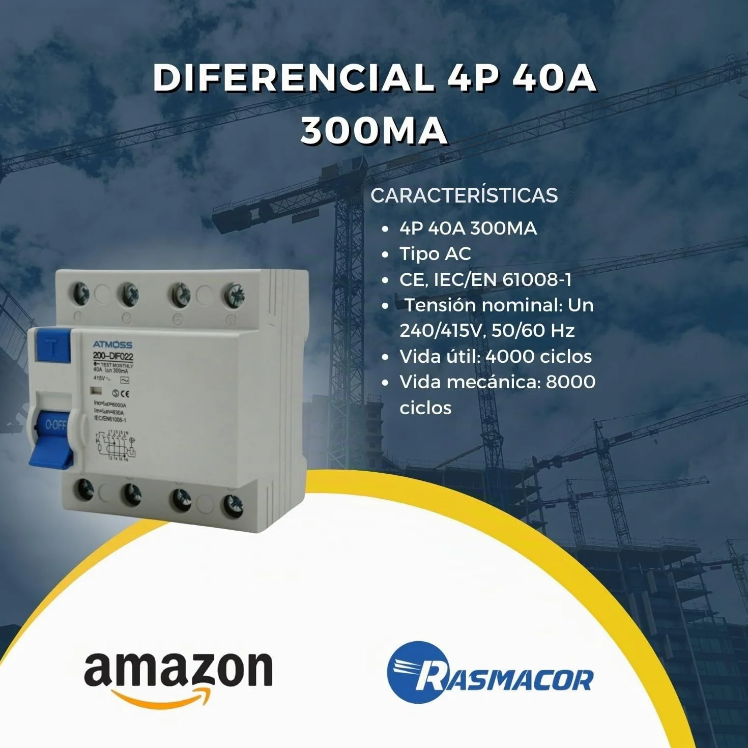 RASMACOR | Interruptor Diferencial 4P 40A 300MA | 230V AC 50HZ | Diferencial 300MA | Sensibilidad 300 MA | Medida 72mm X 66mm X 83mm