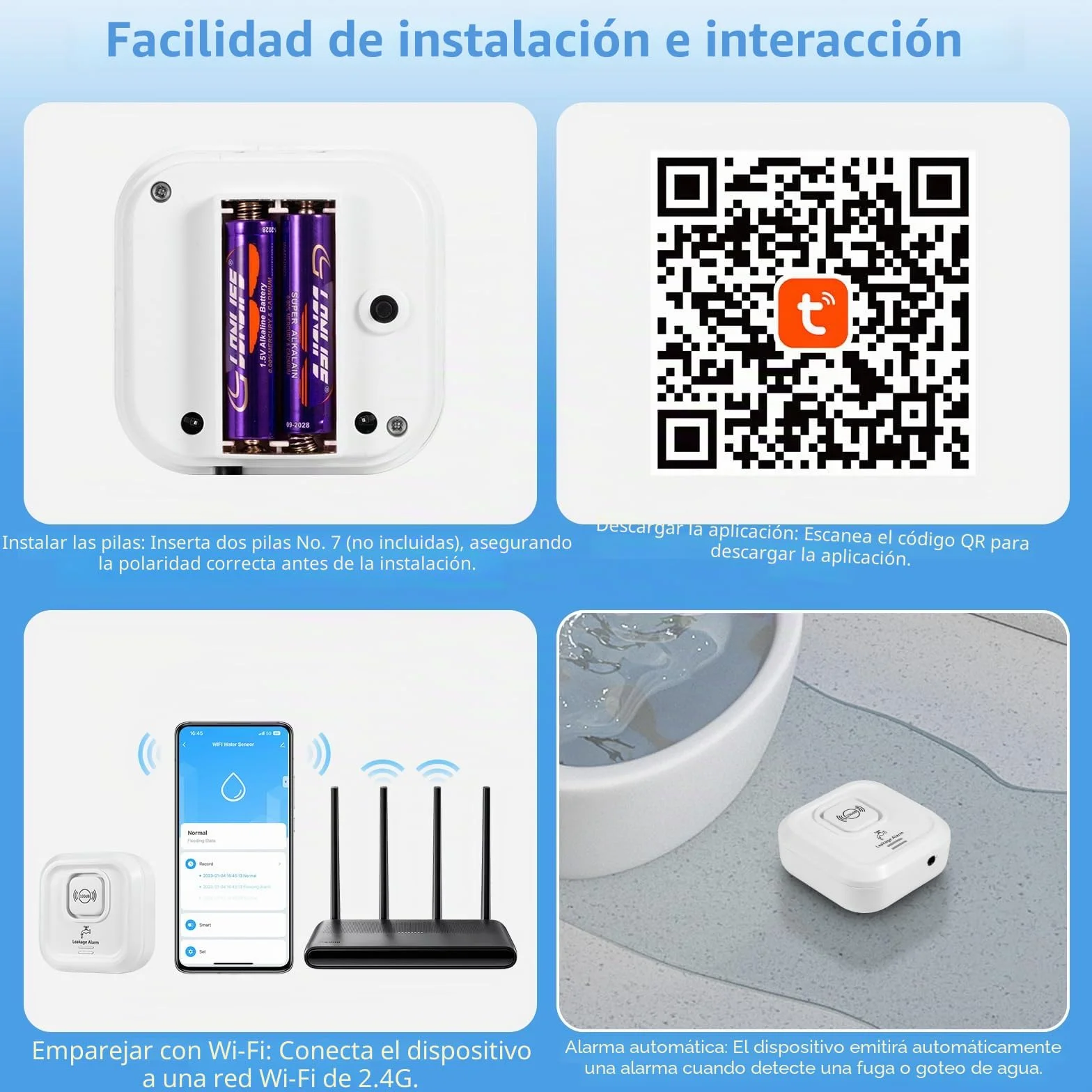 Detector de Fugas de Agua WiFi 100dB Alarma Sensor de Agua Tuya App 3 Tipos Detección Inalámbrico Cable Sonda 105 cm