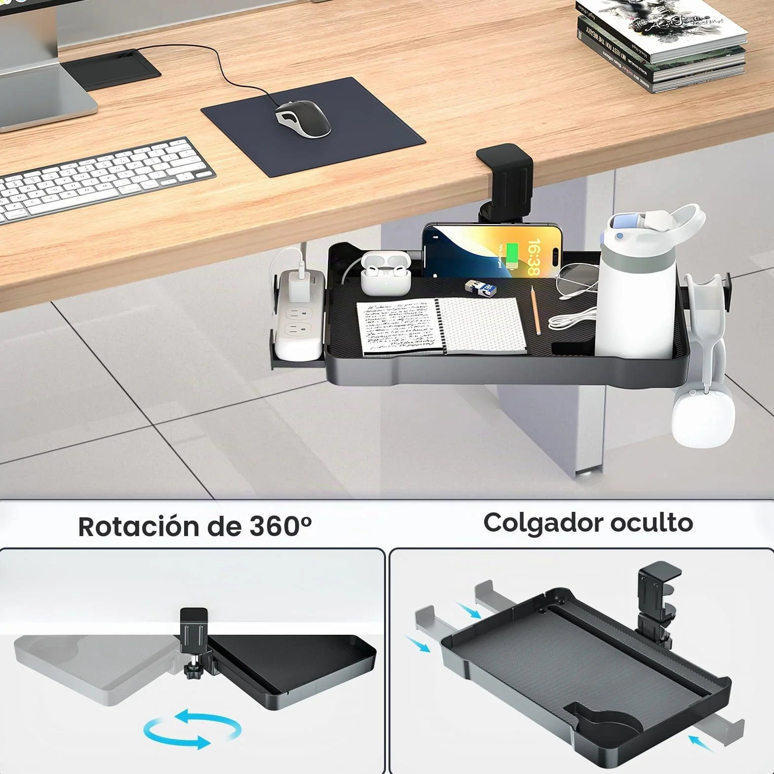 KDD Organizador Cajones Bajo Escritorio Oculto, Cajonera Giratoria 360° con Soporte Cascos Gaming y Portavasos