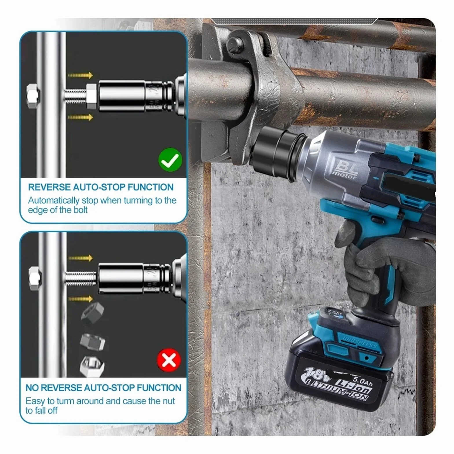 Llave de Impacto Llave Eléctrica Sin Escobillas De 3100NM, Llave De Impacto Inalámbrica De 3/4 Pulgadas, Herramienta Eléctrica De Mano For Batería De 18v(1x5.0Ah 38mm Battery)