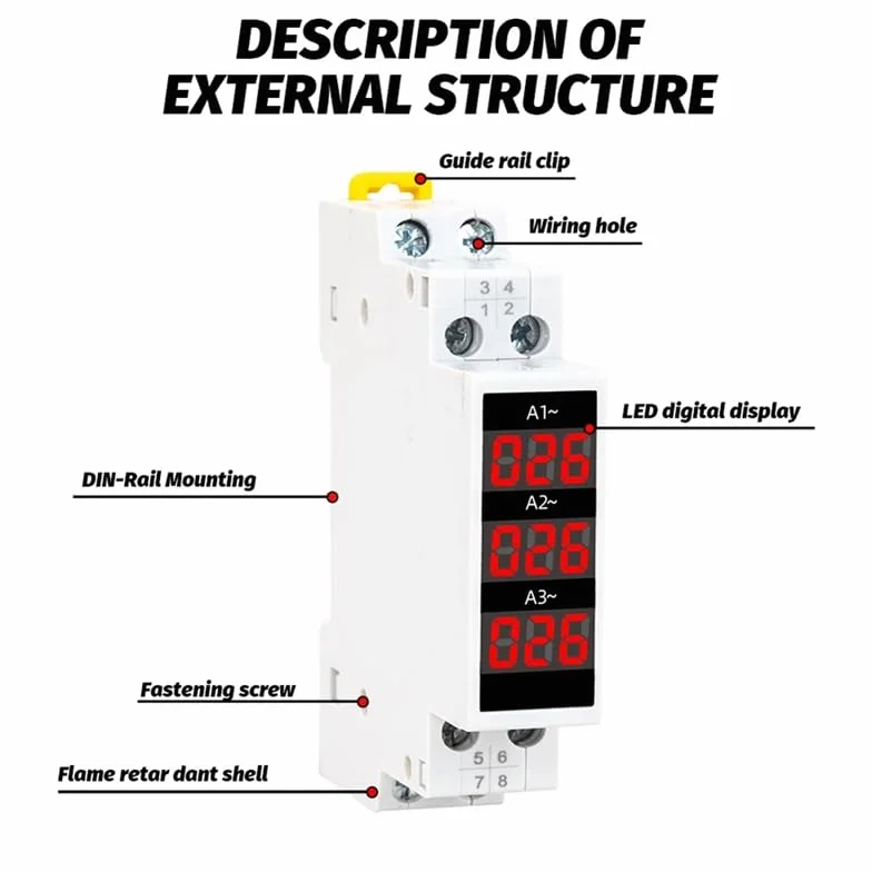 AmperíMetro TrifáSico de Montaje en Carril Din, Minimedidor de Corriente Modular, Indicador de Calibre, Pantalla Digital LED, AmperíMetro Detector