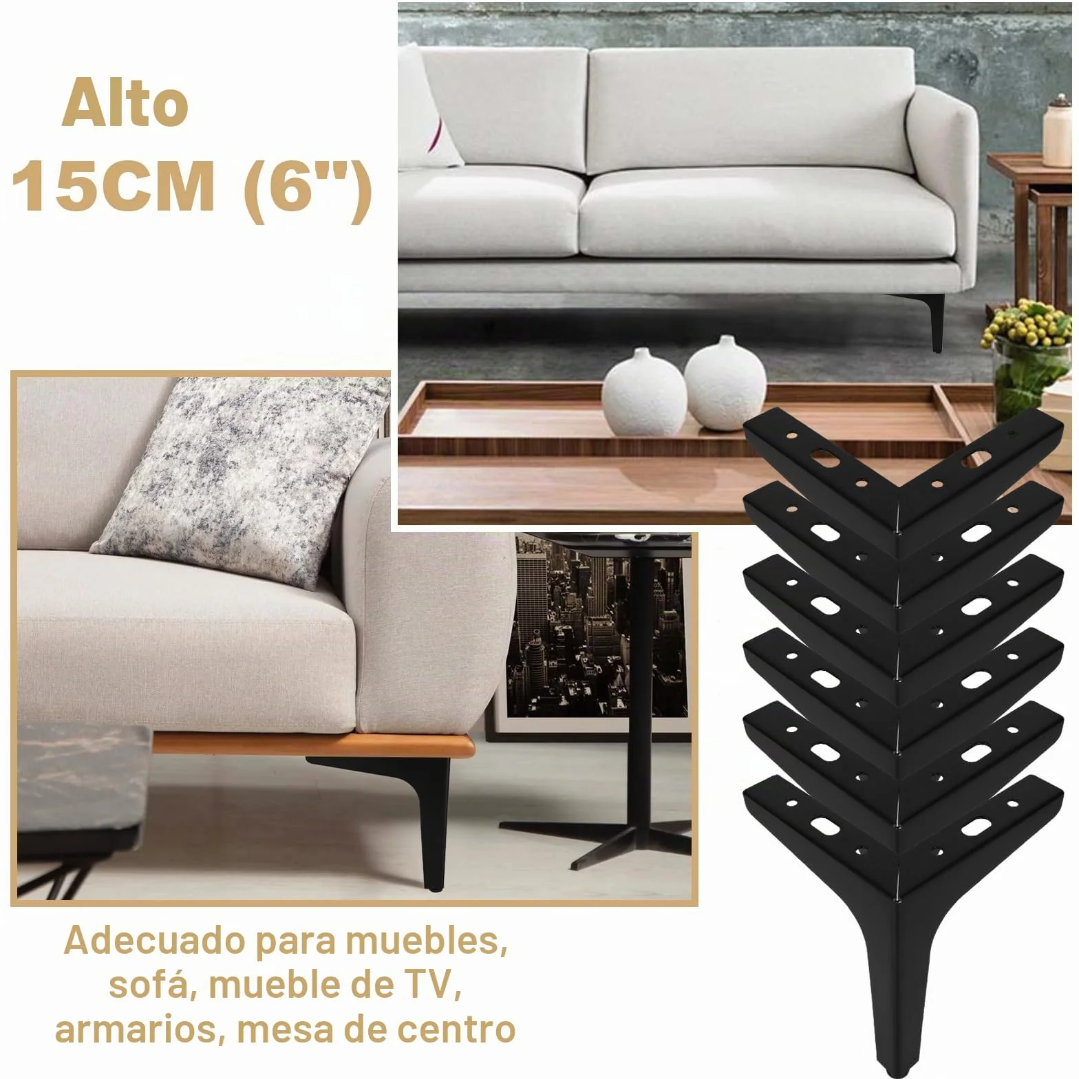 SENENQU 12 Piezas Patas para Muebles Negras 15 cm, Patas para Mesas y Sofá con Tornillos, Pies Metálicos de Acero Resistente para Armario, Mueble de TV y Cama