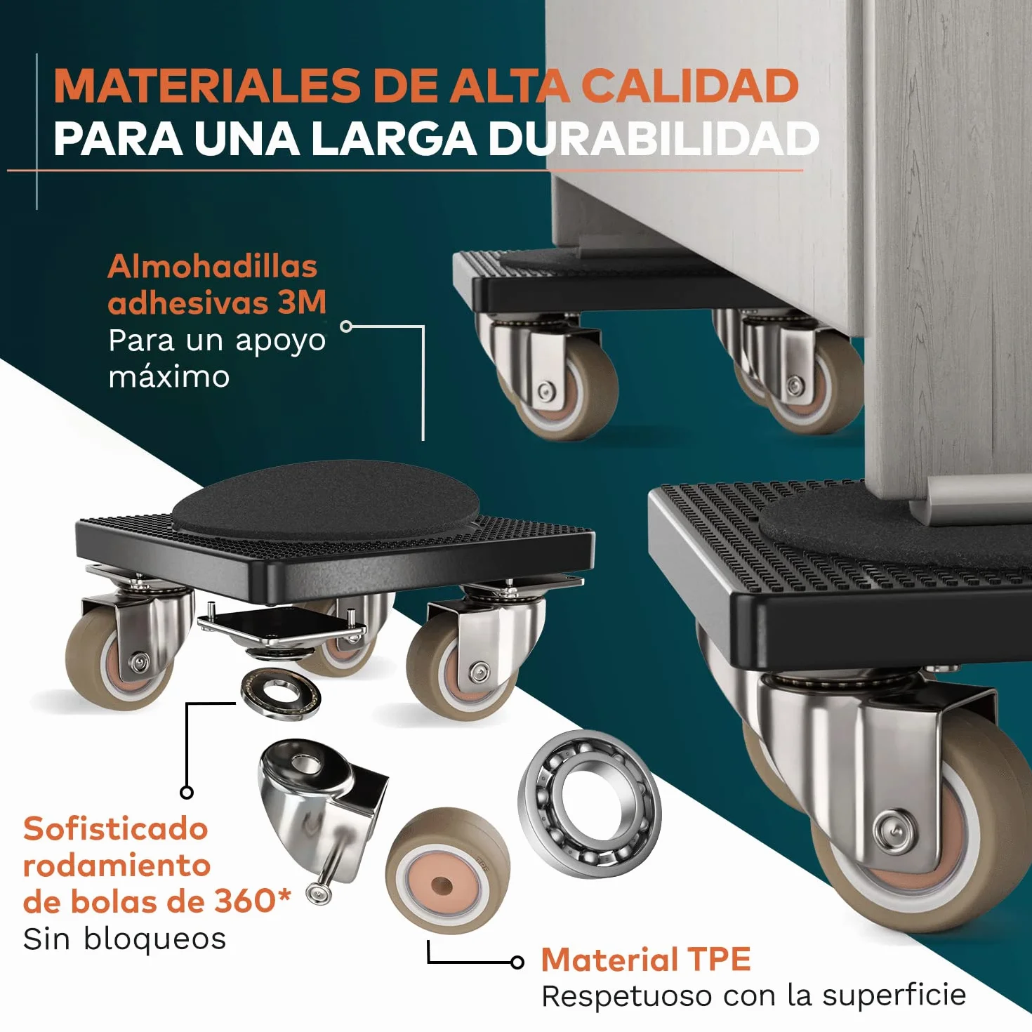 El Innovador Elevador de Muebles para Muebles Pesados de FAIRMO - 4 Ruedas Muebles y 1 Elevador de Carga (Incl. Almohadillas Antideslizantes) - Ruedas para Mover Muebles Pesados facilmente de TPE