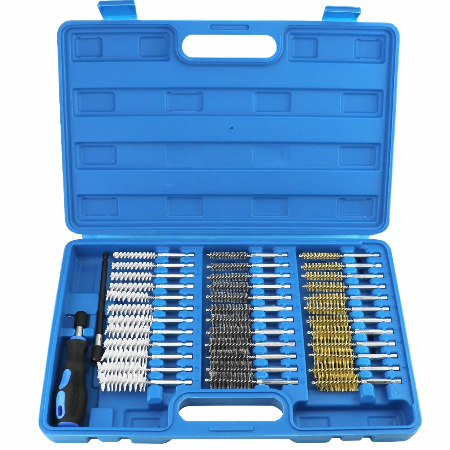 QWORK® 38 uds. Juego de cepillos redondos de nailon/acero inoxidable/latón, cepillos limpiapipas limpia-inyectores Ø8-19 mm con extensión de 150 mm para limpieza y desbarbado