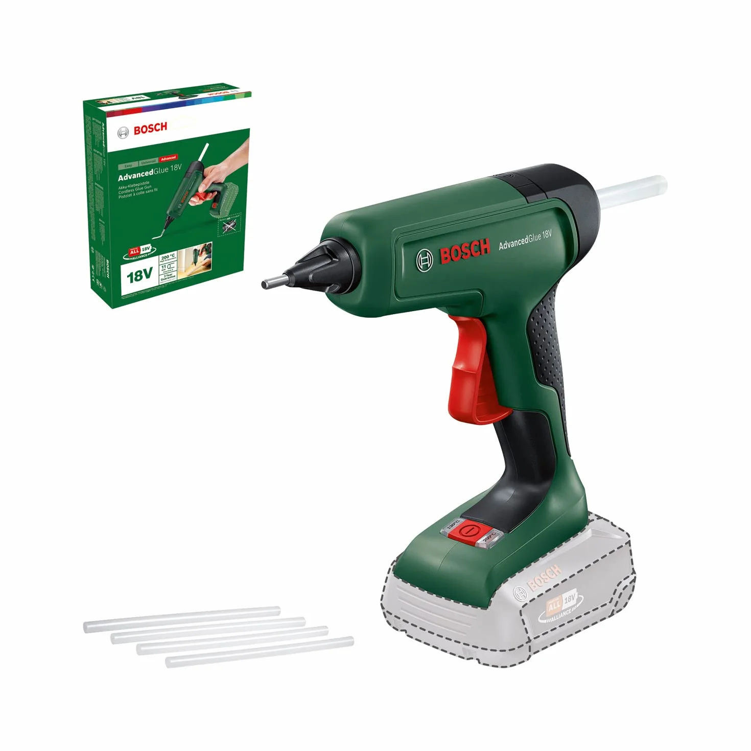Bosch pistola de pegar a batería AdvancedGlue 18V (sin batería; sistema 18 V; 4 barras de cola; calienta en 90 s; modo doble temp. 130 °C - 200 °C; para bricolaje, reparación y más; embalaje cartón)