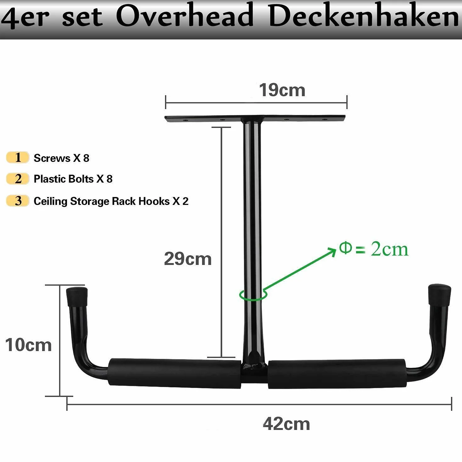 Garaje Heavy Duty Gancho de techo de goma, juego de 4 ganchos de techo para neumáticos de coche, negro de acero, doble punta, soporte de techo de 20 cm para escalera y equipos deportivos