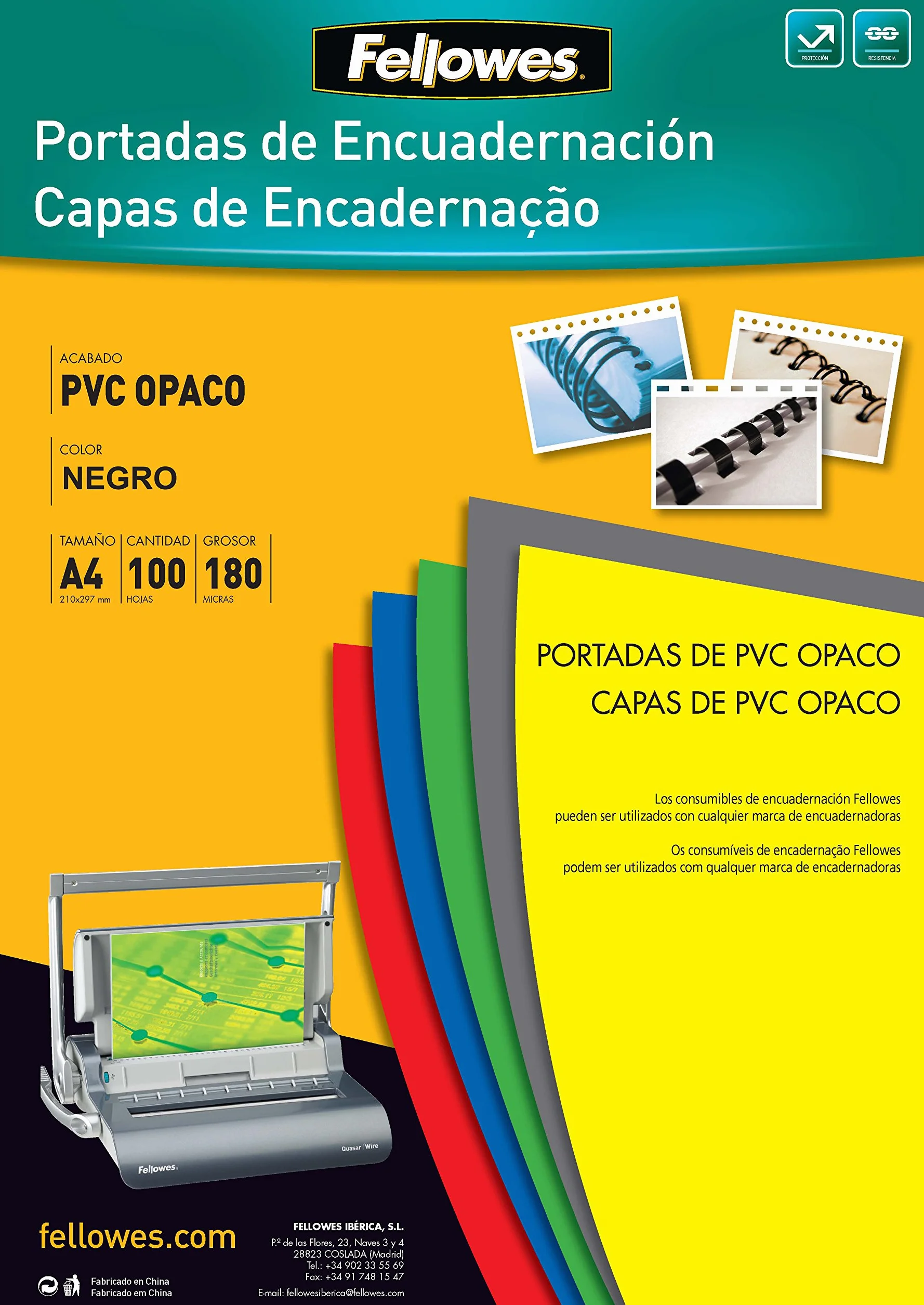 Fellowes 5100301 - Portadas para encuadernar de PVC opaco, A4, negro
