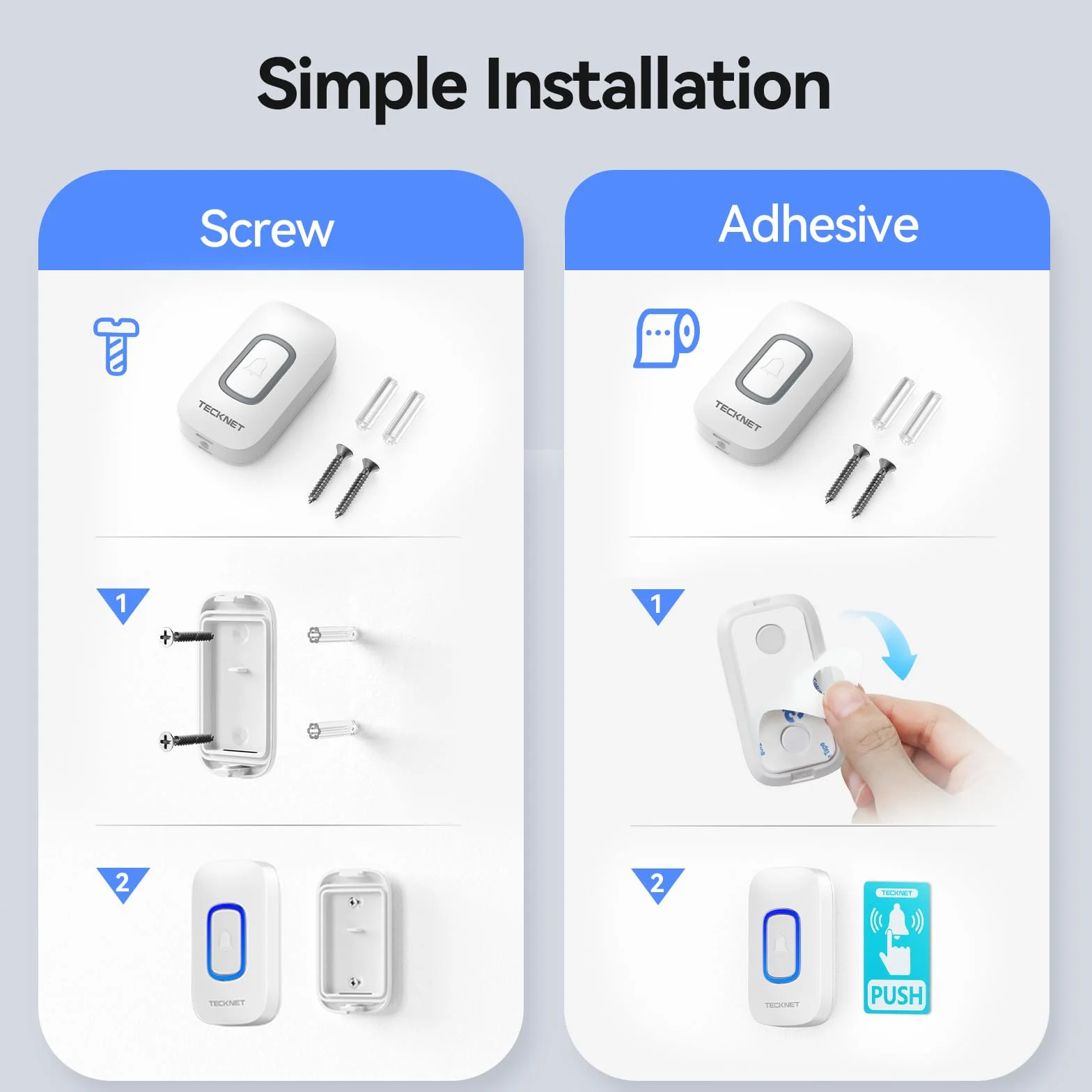 TECKNET Timbre Inalámbrico 2 Receptor, Timbre Inalámbrico Exterior con Enchufe Impermeable IP66, 400M de Alcance Doorbell con 5 Niveles de Volumen Ajustable, 60 Melodías, Indicador RGB
