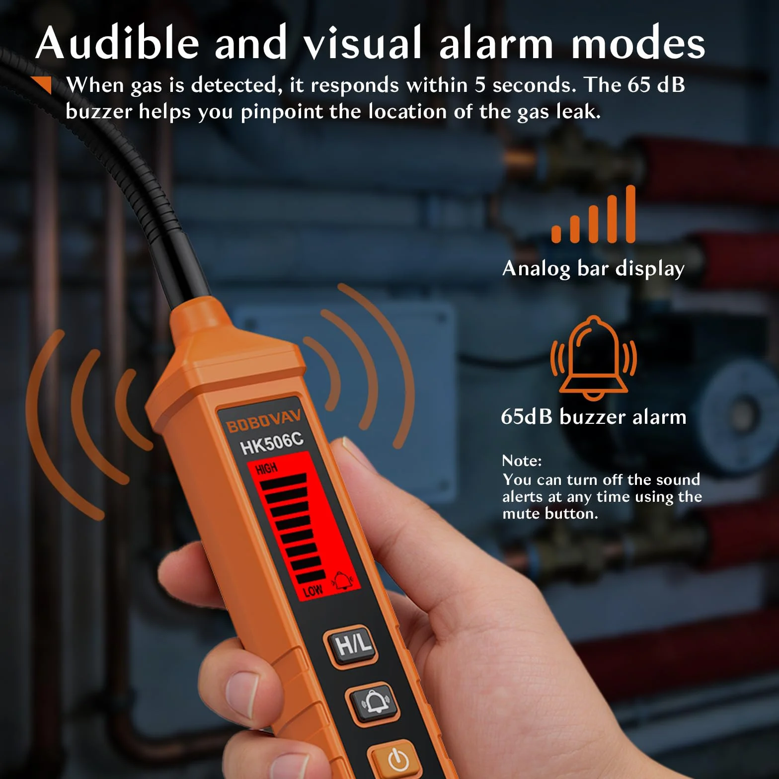 Detector de Gas Universal con Sonda 360° de 20cm, Doble Sensibilidad (300-10000ppm), Alarma Visual LED y Sonora (65dB), Modo Silencio, Tiempo de Precalentamiento 30s