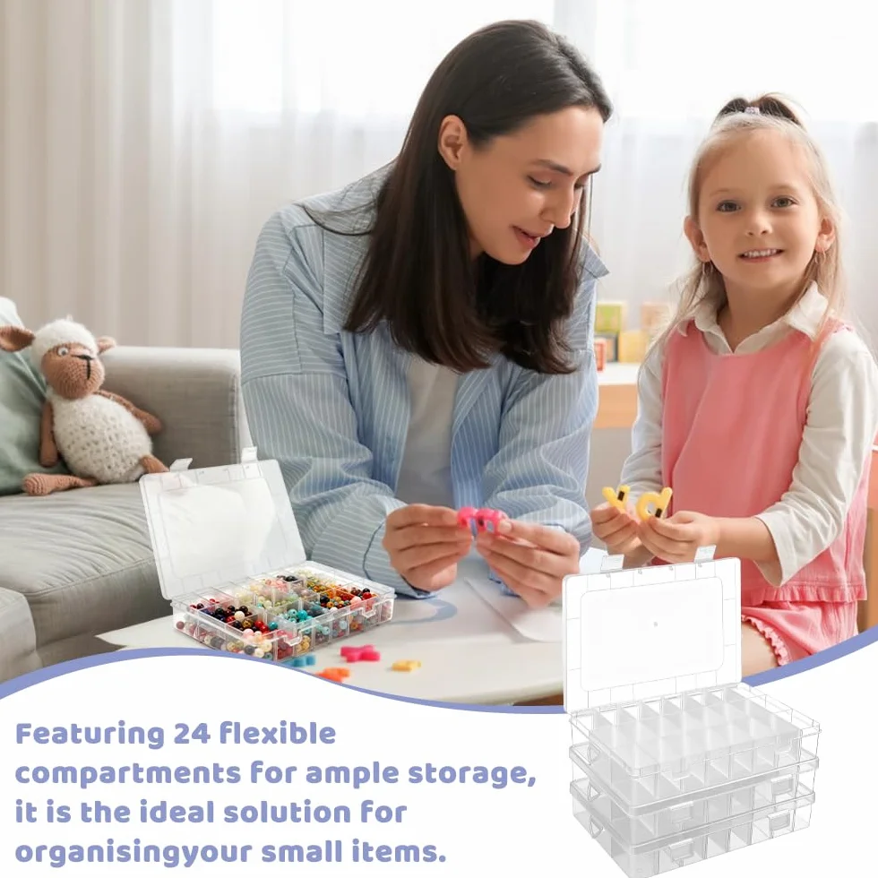 Caja Organizadora Plastico Transparente 24 Compartimientos Ajustables Apilable con Tapa para Joyas Tornillos Cuentas