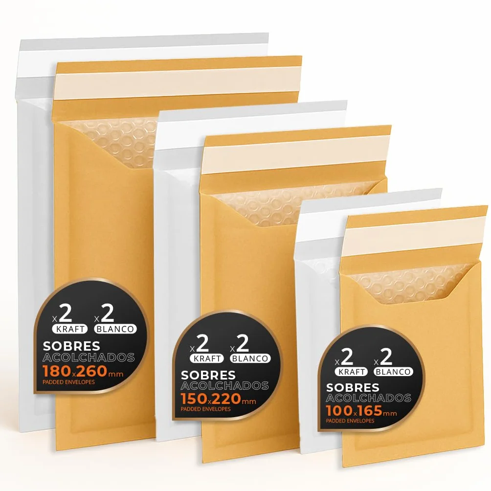 Sobres Acolchados para Envíos Multitamaño 3 Tamaños Kraft y Blanco Cierre Autoadhesivo Papel con Burbuja Interior Pack S 12 sobres