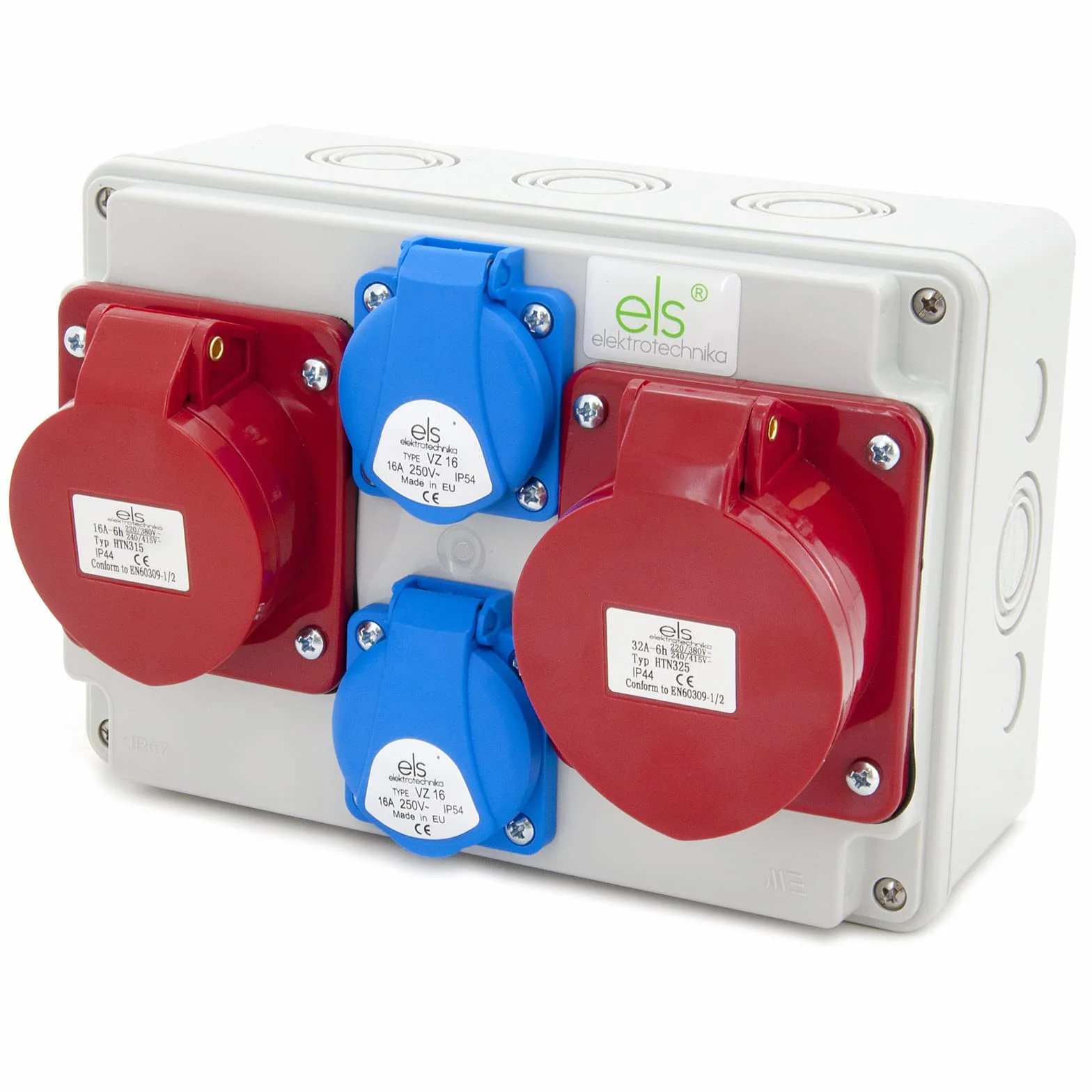 ELS Elektrotechnika Distribuidor de corriente de pared 2 x 230 V Schuko + 1 x CEE 32 A + 1 x CEE 16 A, distribuidor de corriente para interiores y exteriores, talleres y fábricas