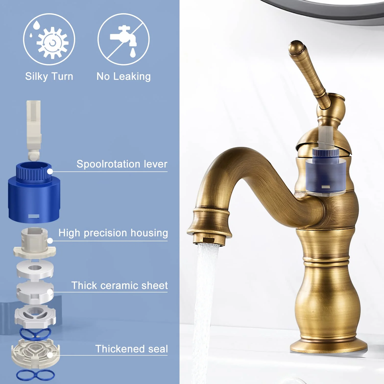 kisimixer Grifo Lavabo Vintage, Puede Girar 360 ° Grifo Monomando Lavabo, Grifo Baño Lavabo de Latón, Solo Agujero Grifo de Lavabo Baño Antiguo con Aireador, Acabado Dorado Estéril