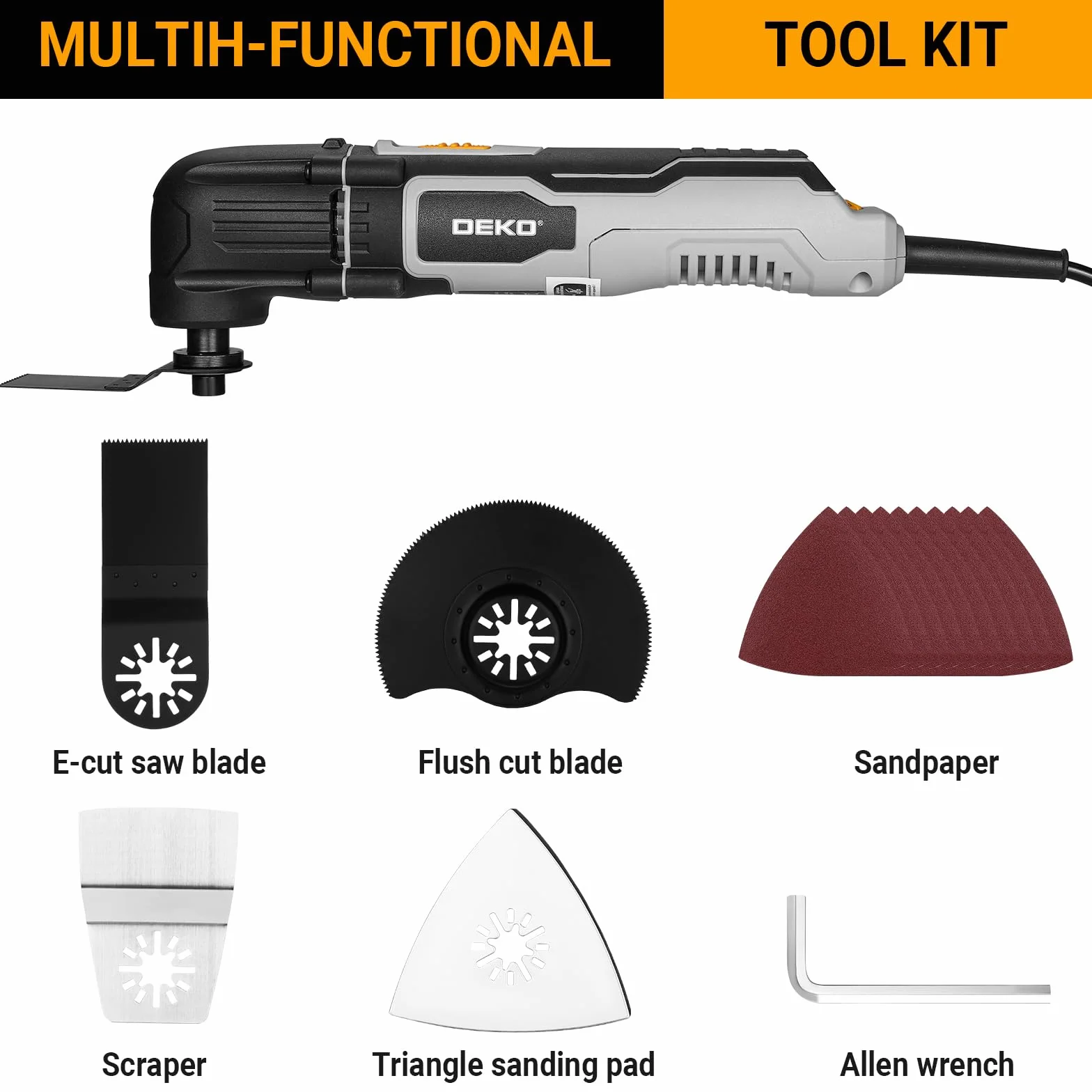 DEKOPRO Multitool Oscilante de 300W, 3000-22 000 rpm, Multitool Eléctrico con Cable, Control de 6 Velocidades, Incluye 10 Hojas de Lija, Apto para Madera y Metal