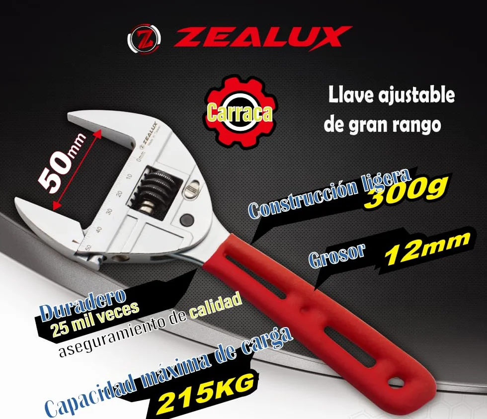 Zealux Llave ajustable de trinquete de 50 mm fabricada en acero al cromo vanadio, superficie galvanizada para resistencia a la oxidación, mango para un uso ligero