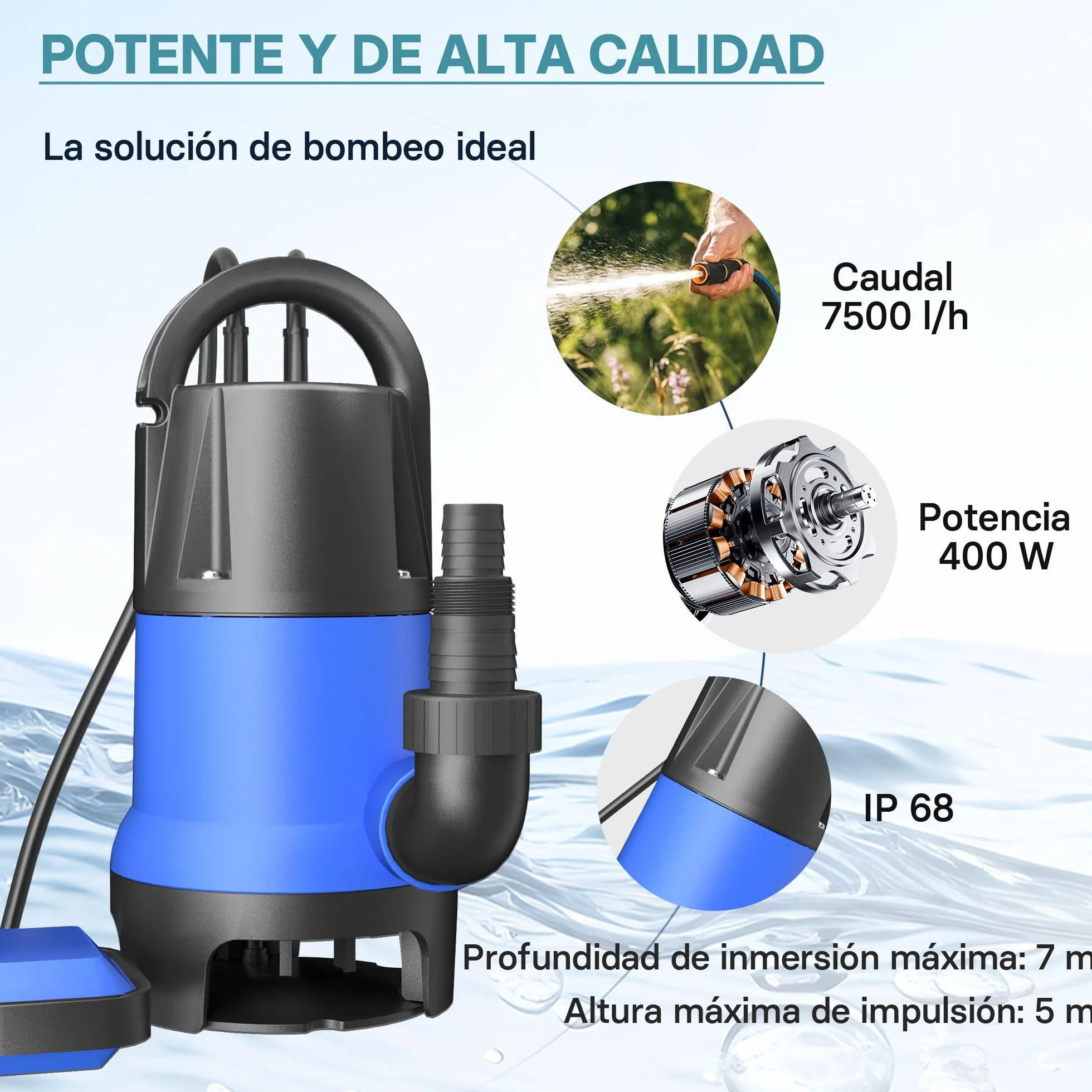 WilTec Bomba sumergible de Plástico para aguas sucias 400W 7500 litros/h Jardín Pozos Drenaje Bombeo agua Extracción agua