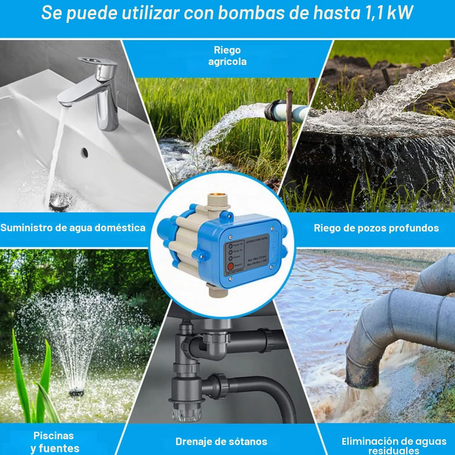 Control electrónico de la bomba 1100 W 4800 l/h - Presostato para agua - Controlador de presión de 10 bar - Interruptor de presión IP65 para bombas de agua - Supervisa el flujo de agua (1,5