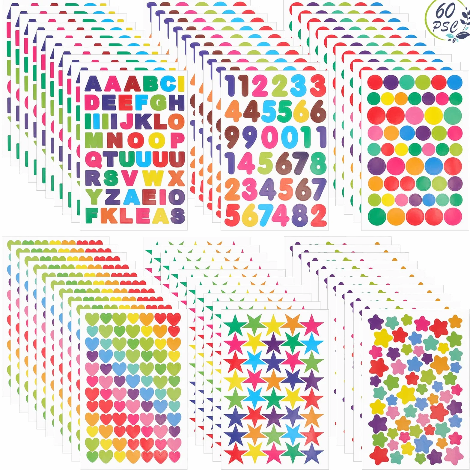 Pegatinas Infantiles 3240 Piezas 60 Hojas Stickers Gomets Colores Letras Números Recompensa para Niños